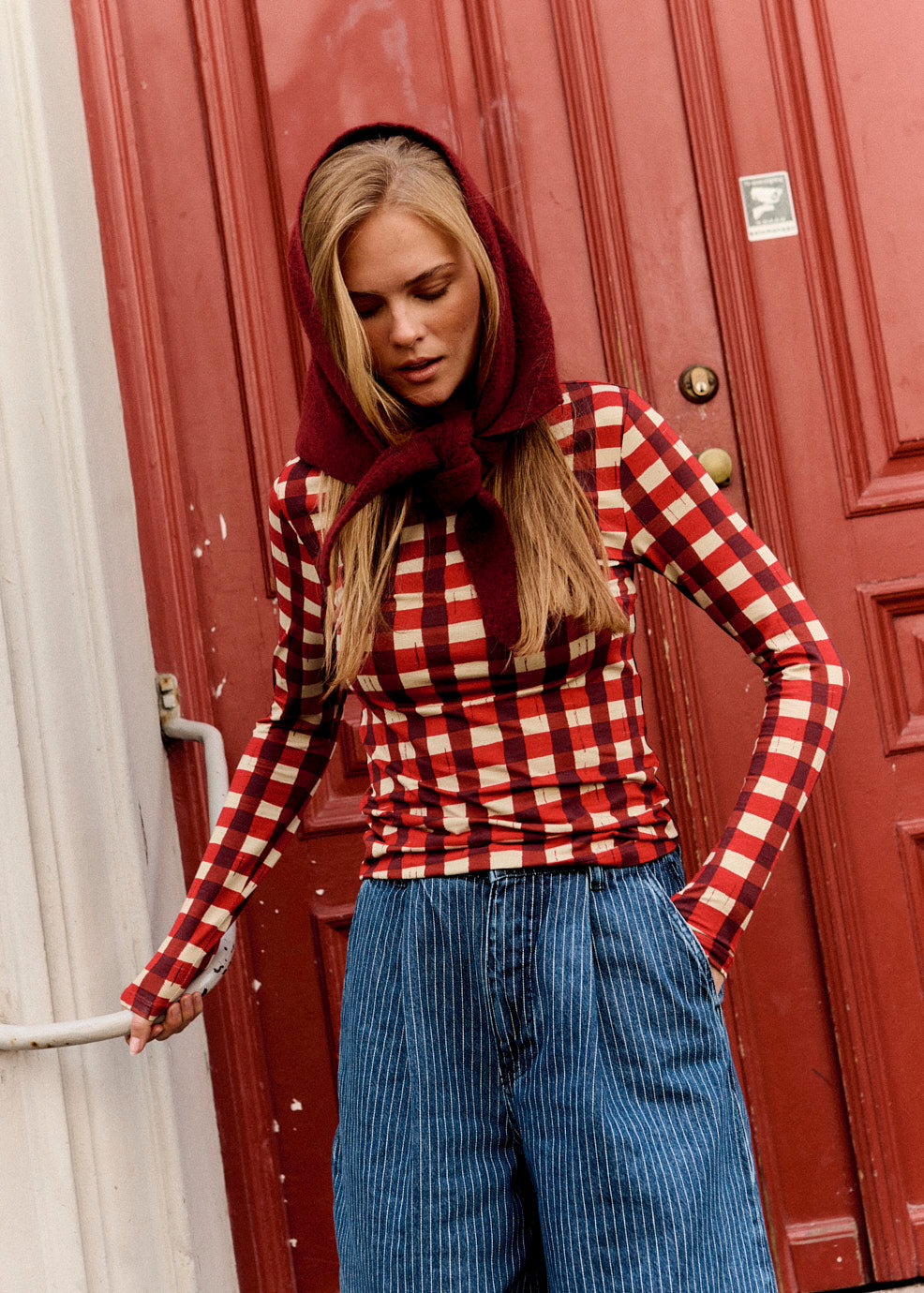 Sara Mock Neck Top - Viscose in Burgundy Gingham