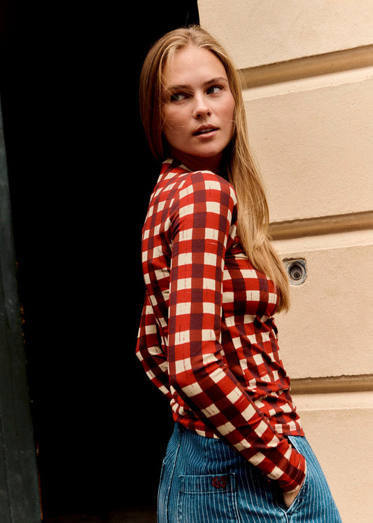 Sara Mock Neck Top - Viscose in Burgundy Gingham