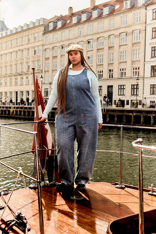 Ara Barrel Leg Overalls - Recycled Cotton Denim in Pinstripe
