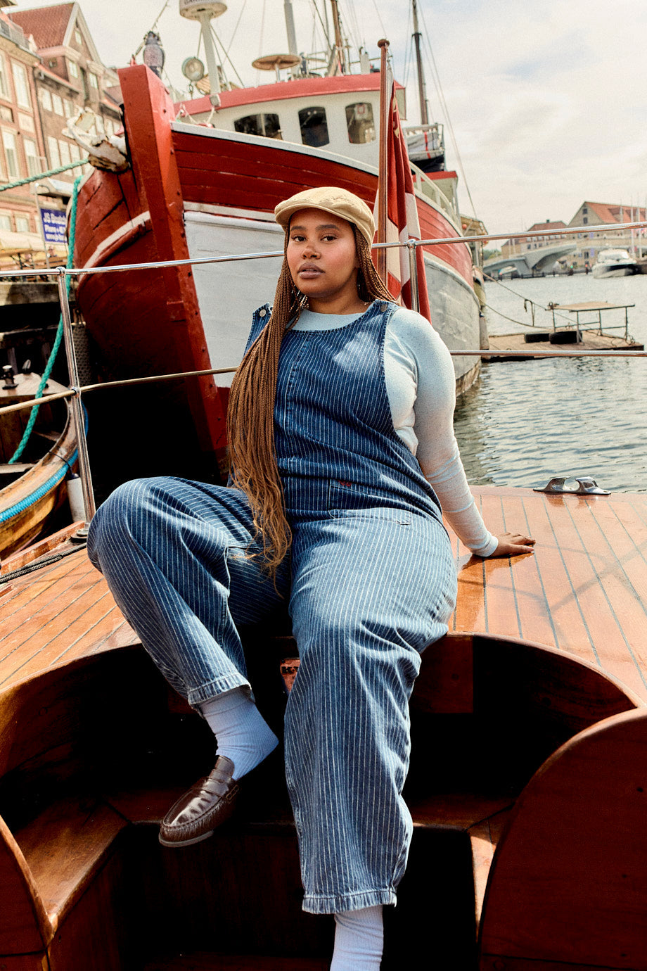 Ara Barrel Leg Overalls - Recycled Cotton Denim in Pinstripe