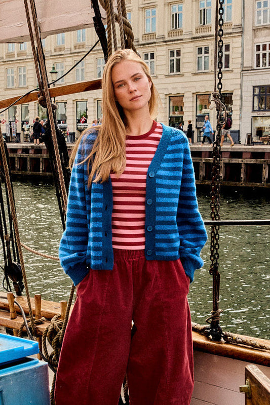 Juniper Cardigan - Recycled Polyester Knit in Blue Stripe
