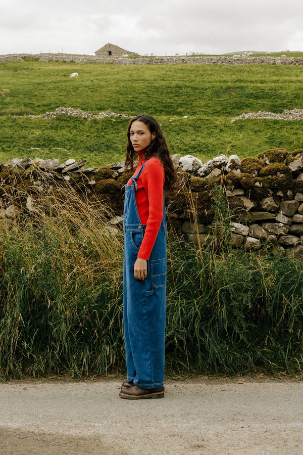 Mullen - Cotton Dungarees in Navy with Contrast Stitch