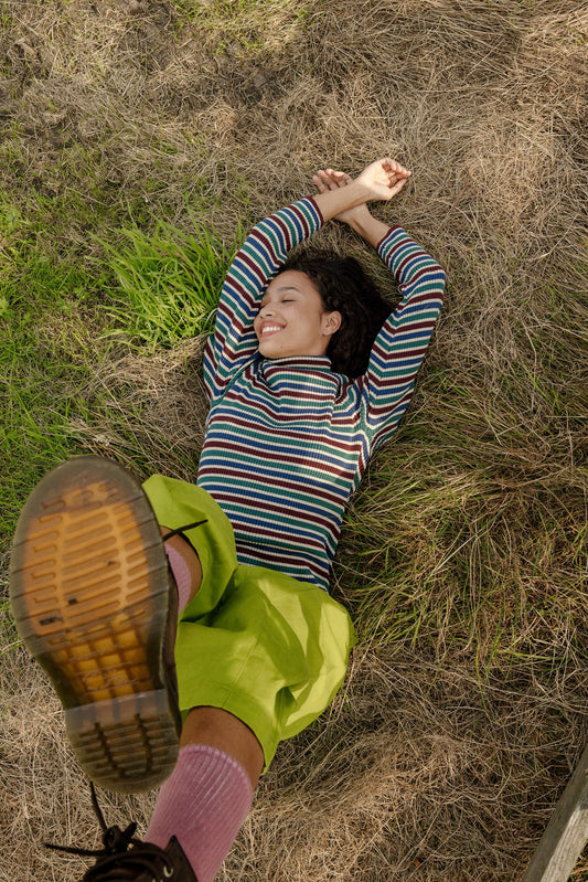 Eva - Cotton Funnel Neck Long Sleeve Top in Earthy Stripe