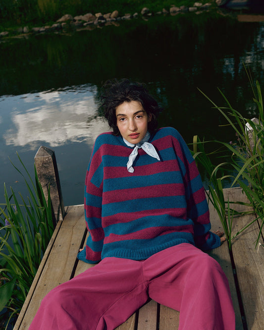Areum Oversized Jumper - Recycled Polyester Knit in Beetroot Stripe