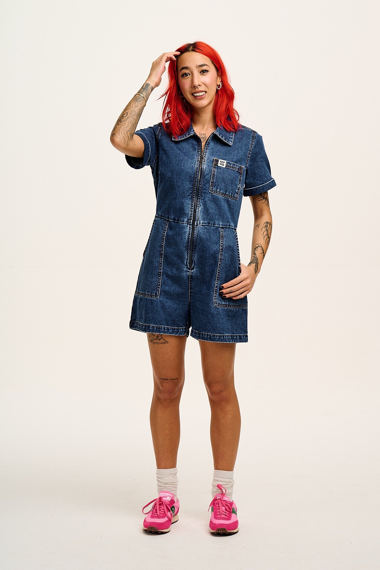 Riley - Denim Playsuit in Mid Wash Blue