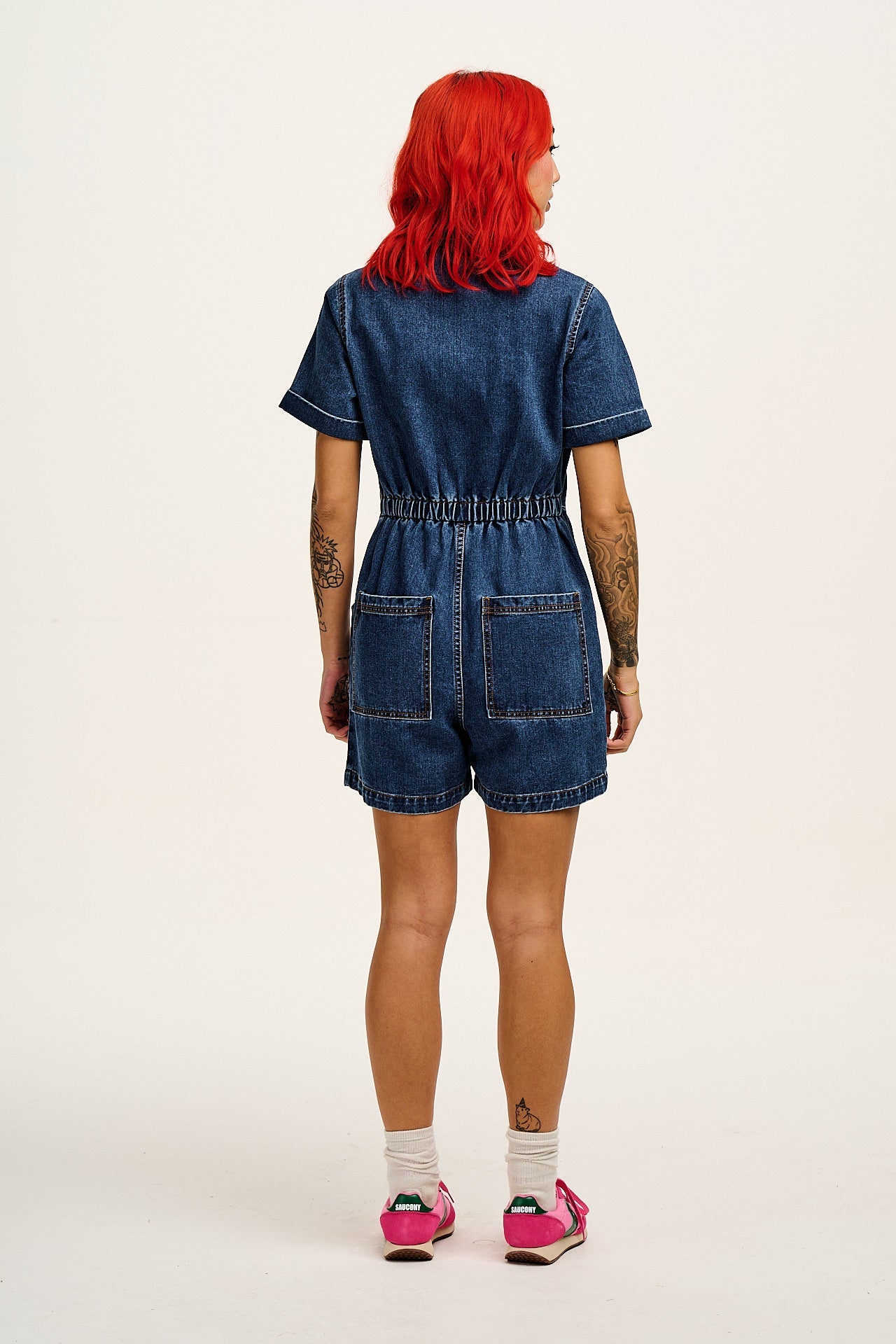 Riley - Denim Playsuit in Mid Wash Blue