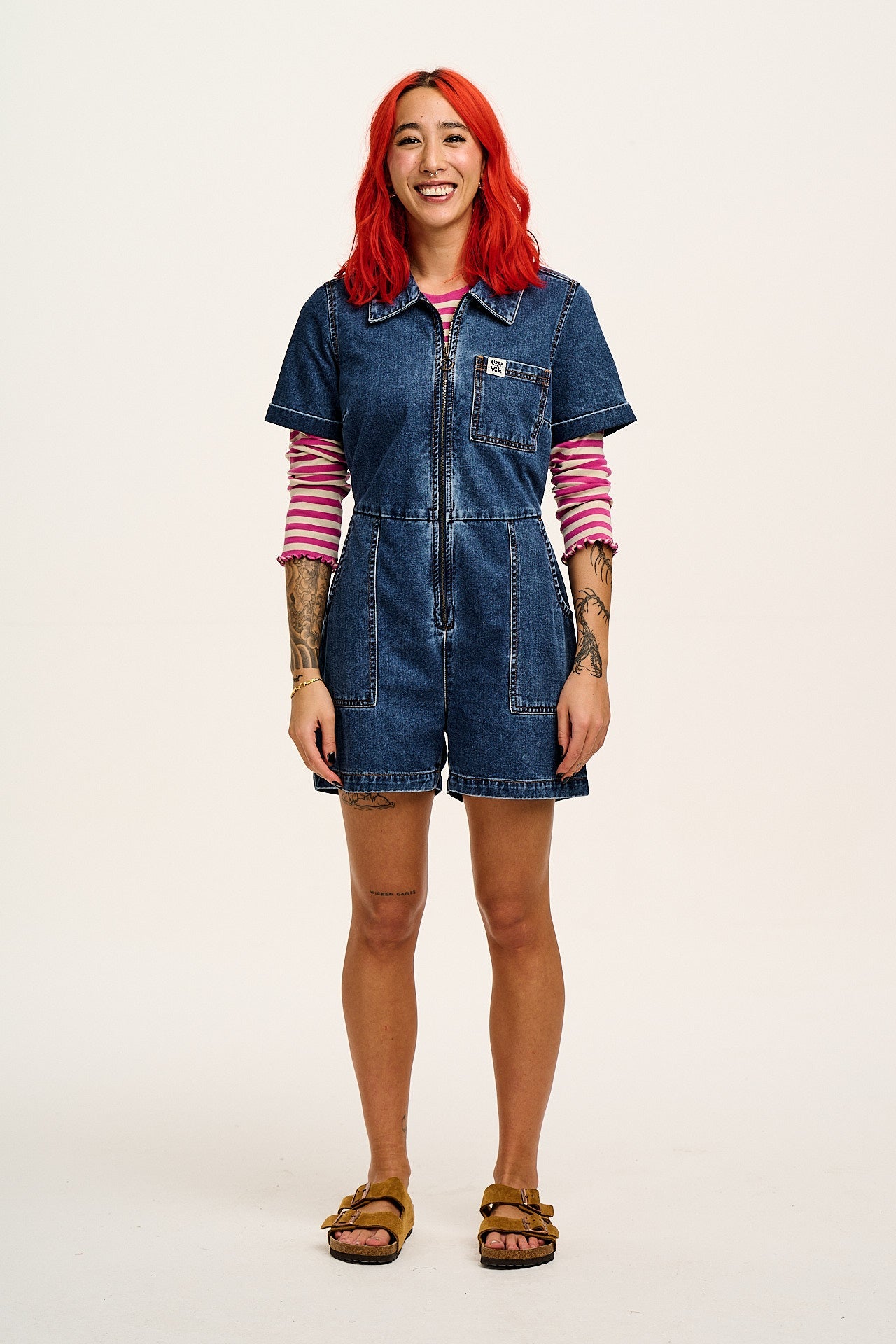 Riley - Denim Playsuit in Mid Wash Blue