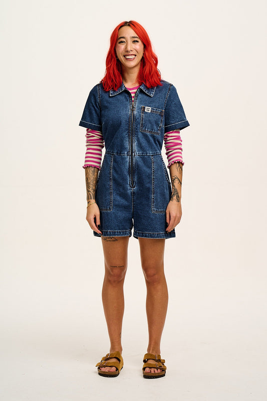 Riley - Denim Playsuit in Mid Wash Blue
