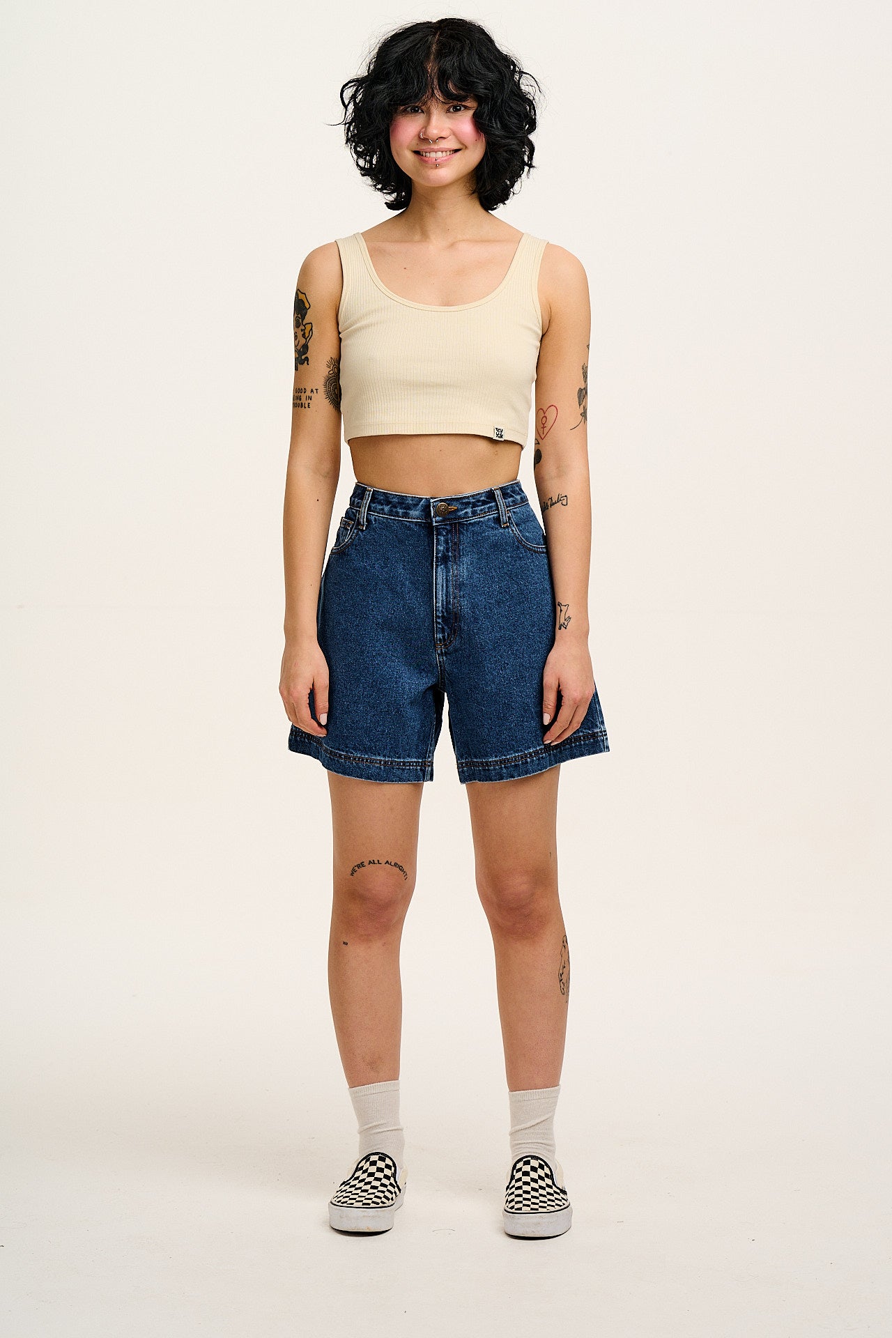 Lexi - High Waist Denim Shorts in Mid Wash Blue