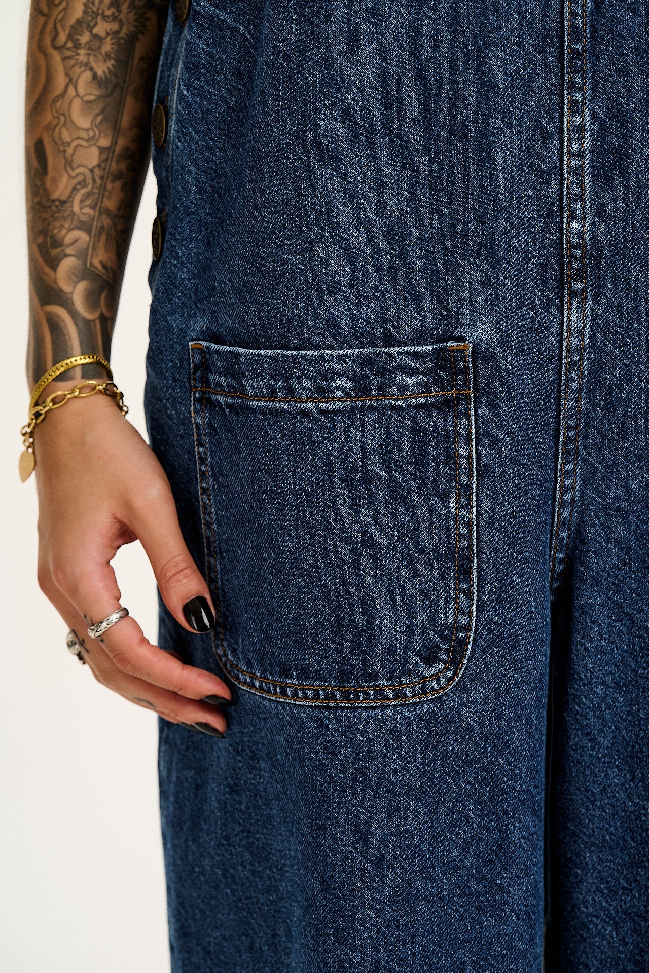 Ali - Wide Leg Denim Dungarees in Mid Wash Blue
