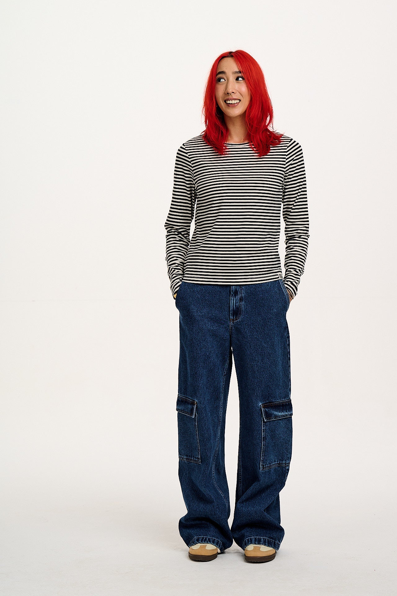 Rey - Long Sleeve Cotton Top in Black & White Stripe