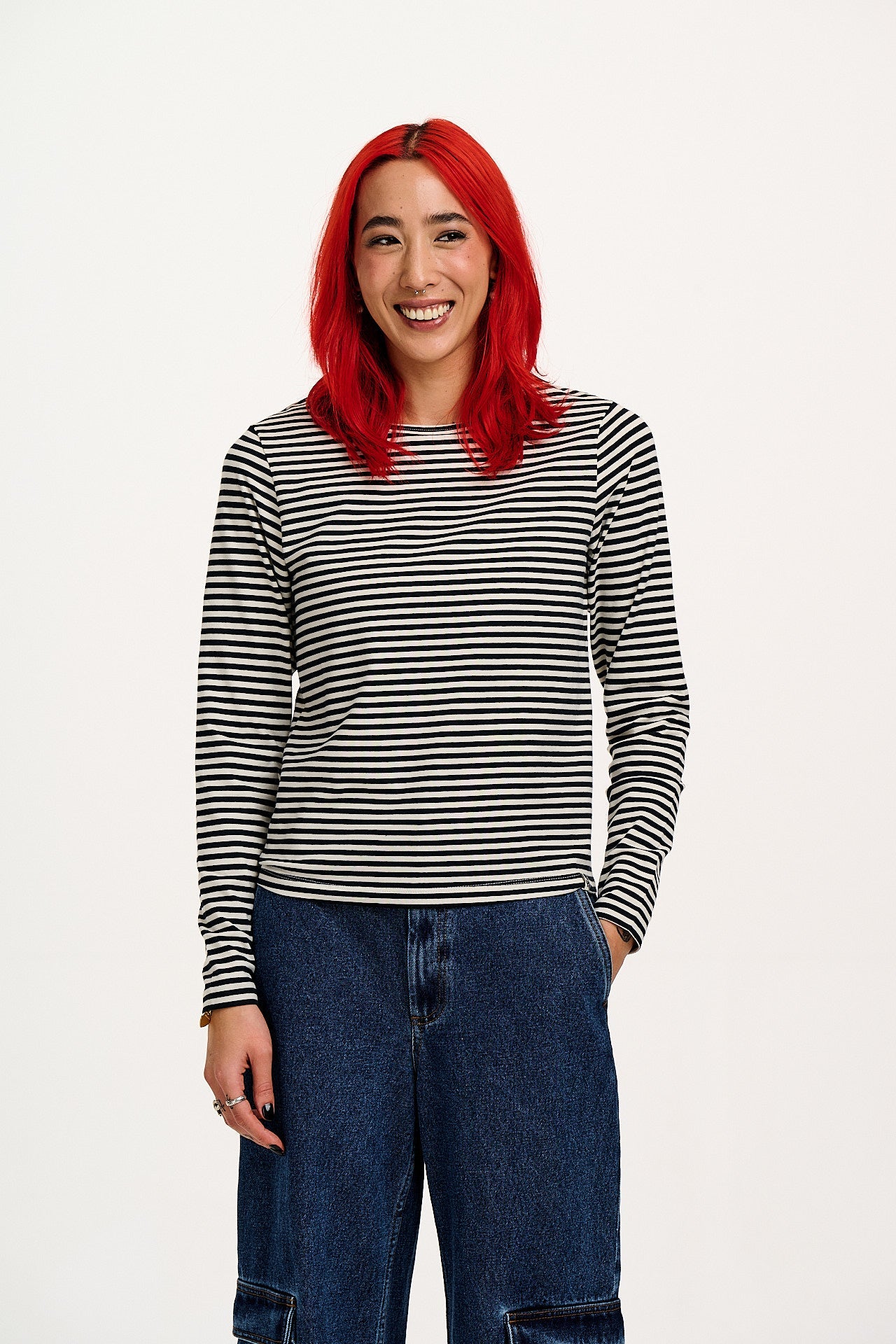 Rey - Long Sleeve Cotton Top in Black & White Stripe