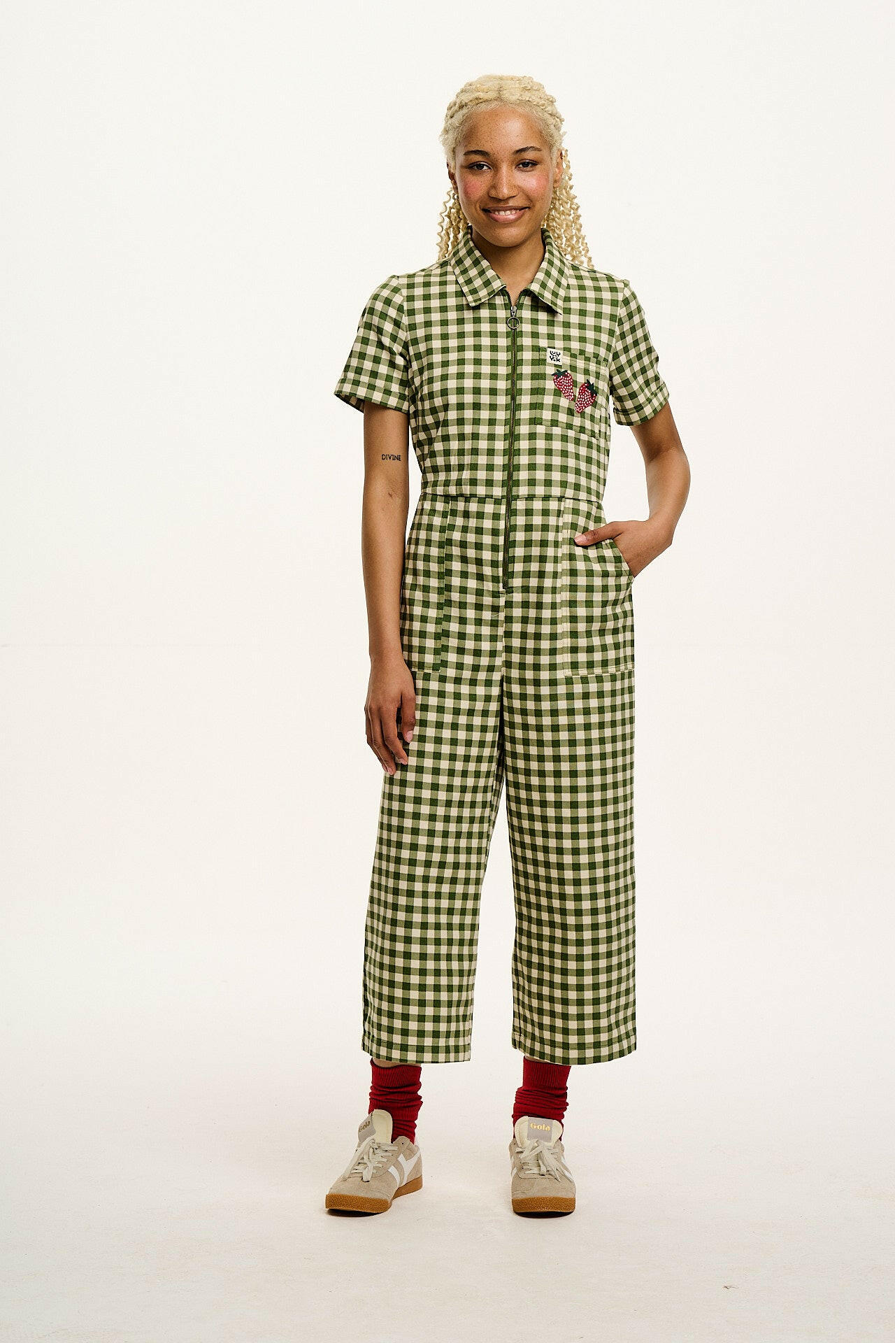 Ragan - Cotton Jumpsuit in Green Gingham with Strawberry Embroidery