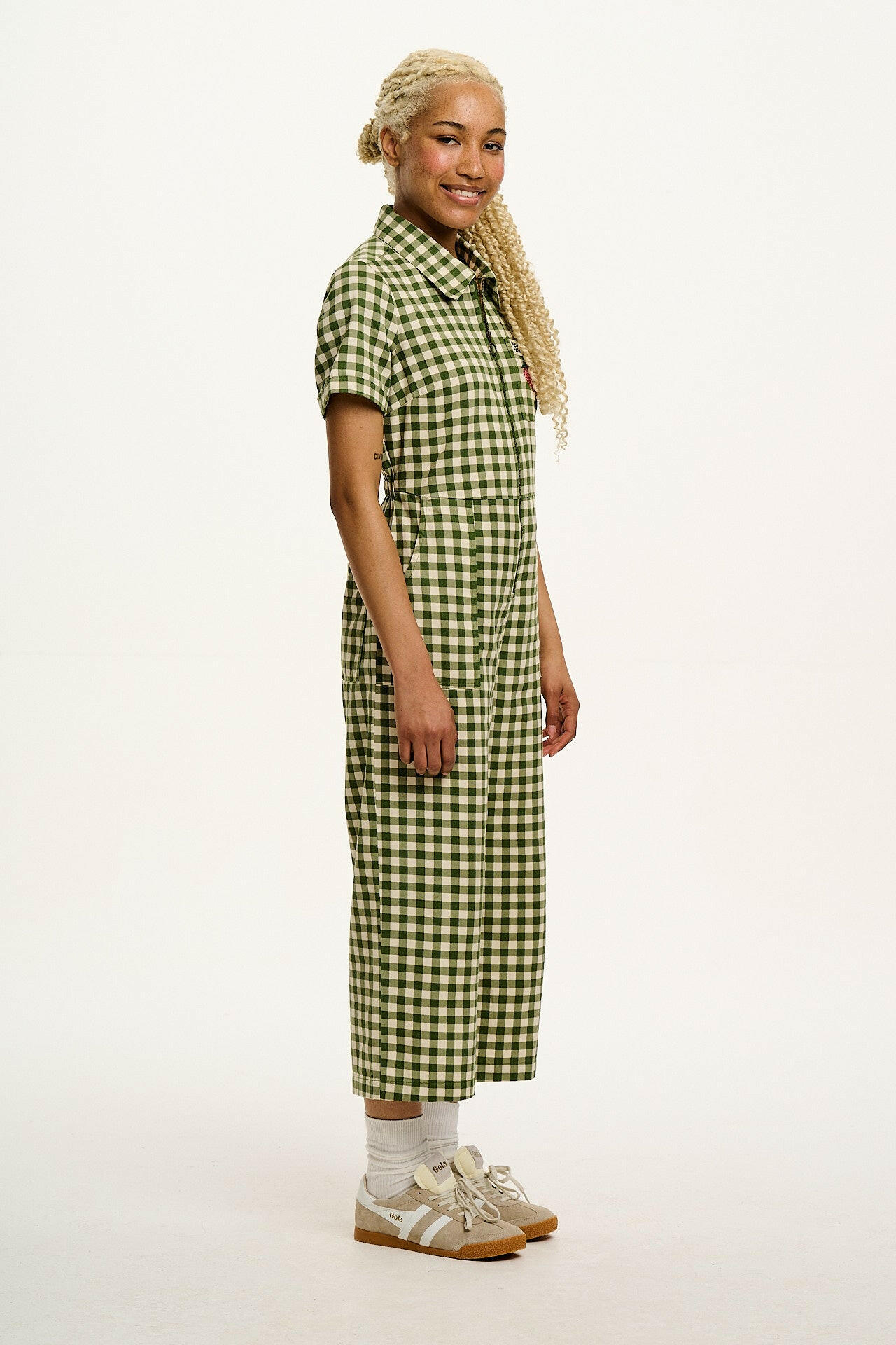 Ragan - Cotton Jumpsuit in Green Gingham with Strawberry Embroidery