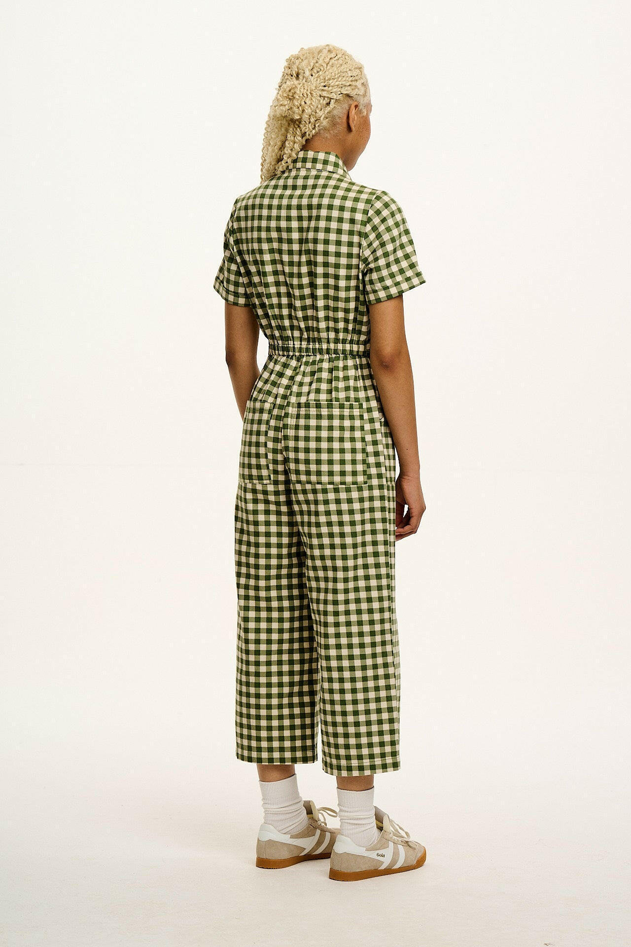 Ragan - Cotton Jumpsuit in Green Gingham with Strawberry Embroidery