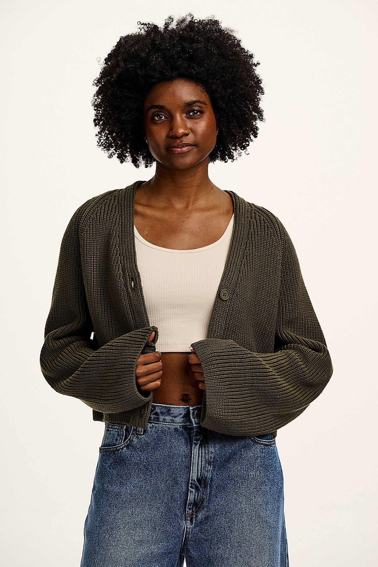 Robyn - V-Neck Cotton Cardigan in Ivy Green