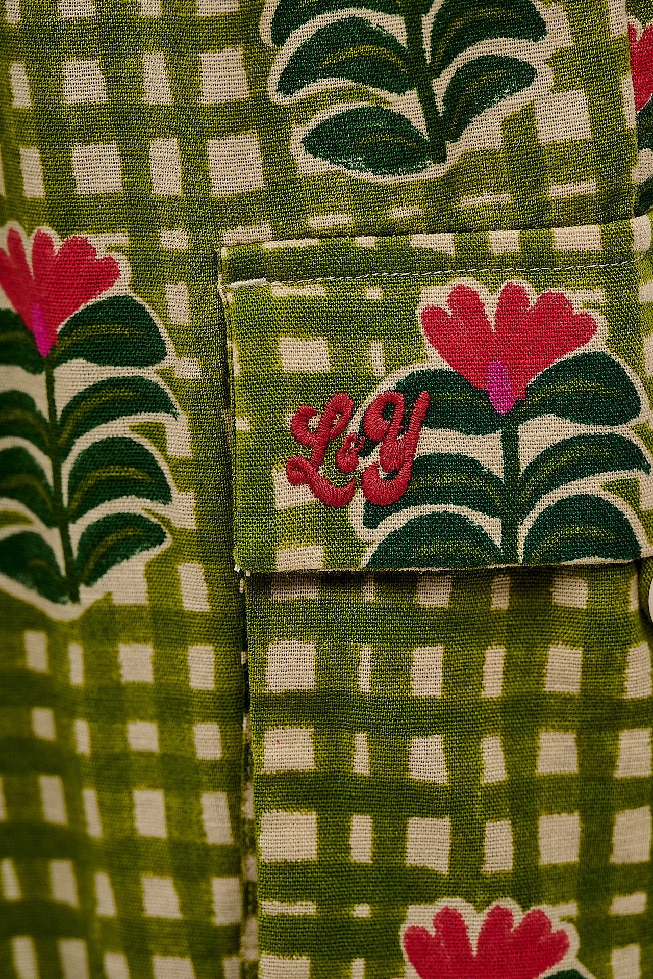 Rumi - Cotton & Linen Barrel Trousers in Blooming Green Checkerboard