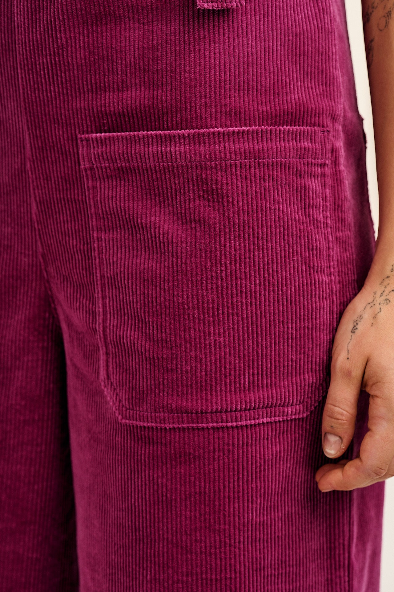 Jenny - Wide Leg Corduroy Dungaree in Raspberry