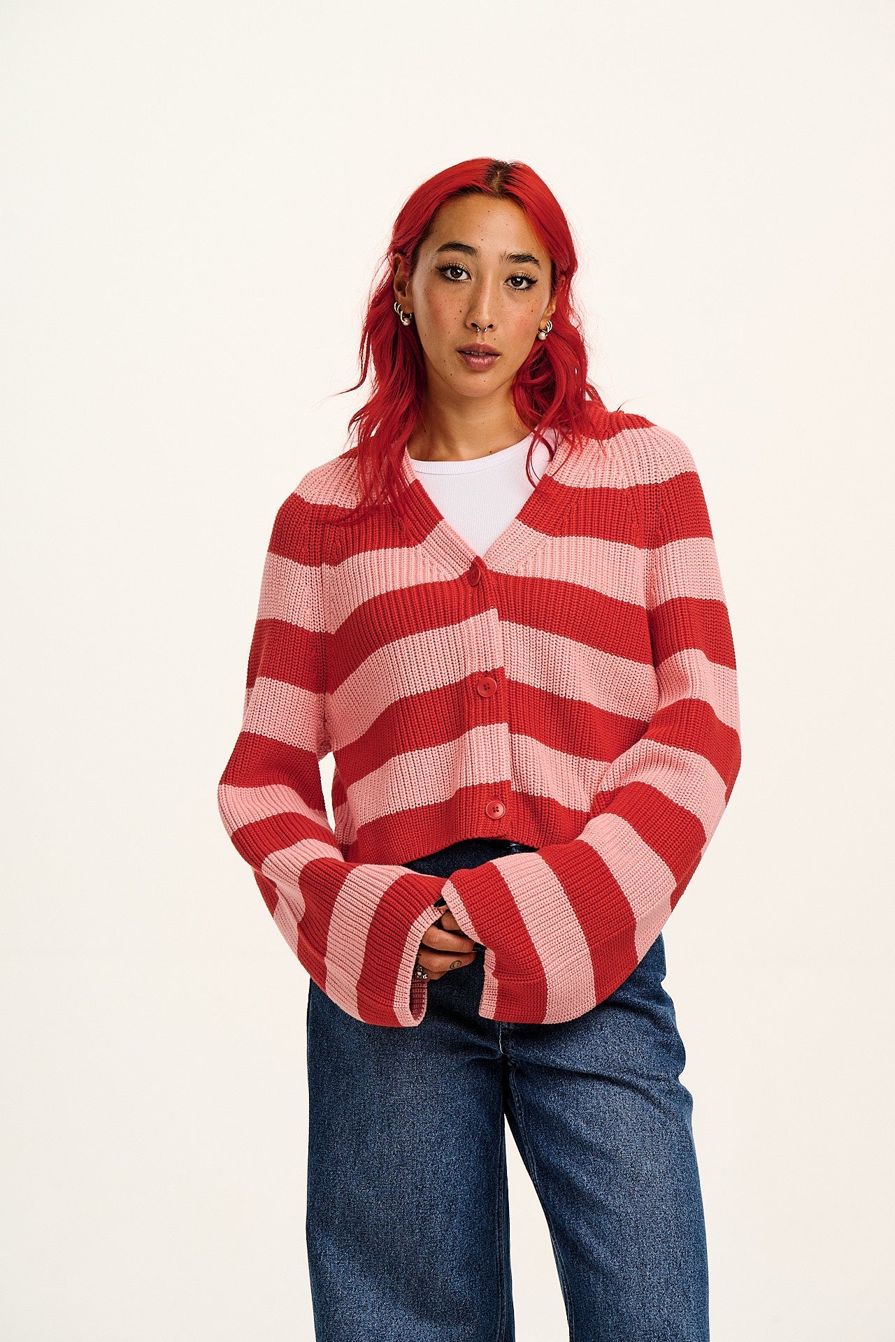 Robyn - V-Neck Cotton Cardigan in Pink & Red Stripe