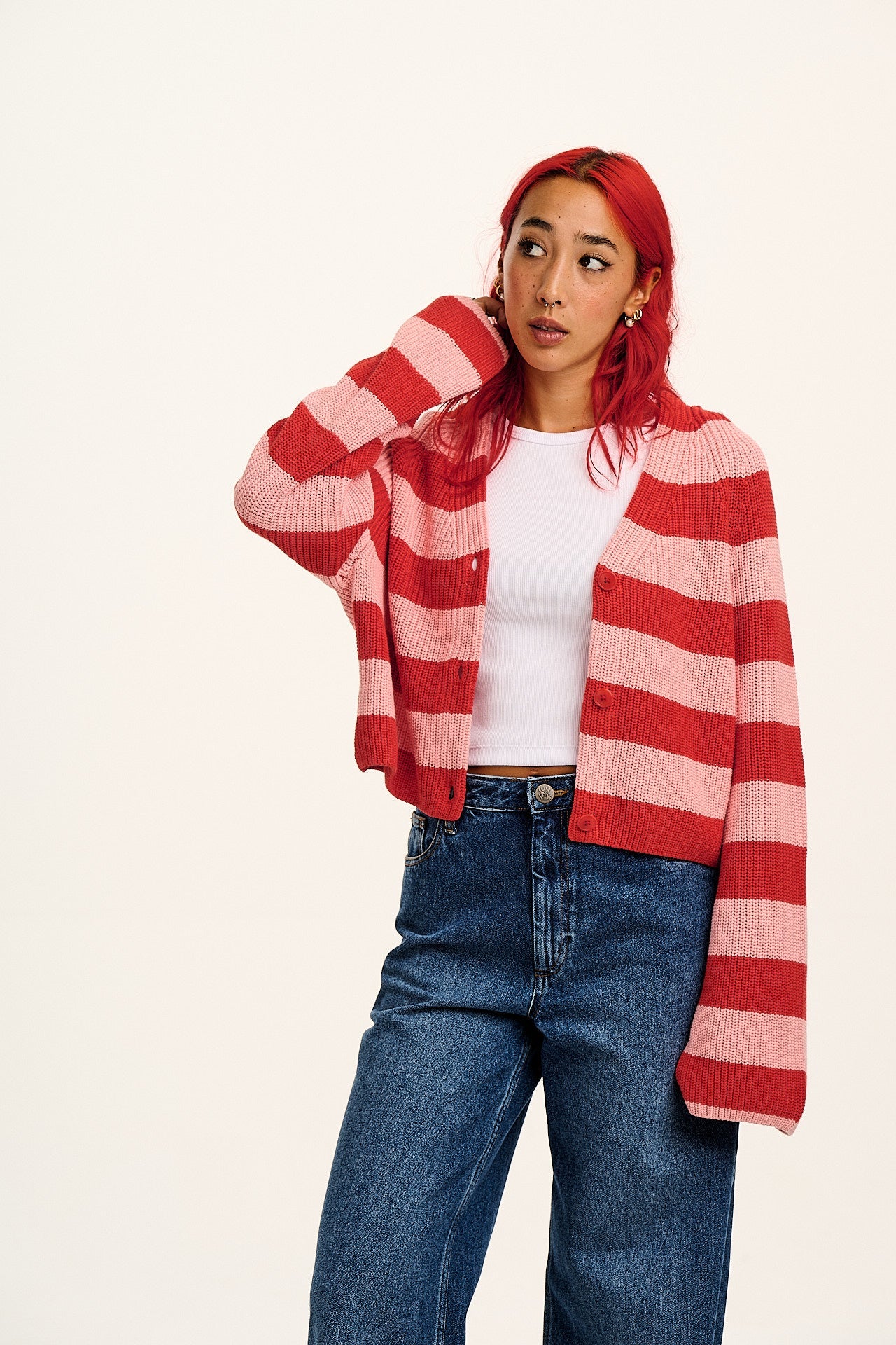 Robyn - V-Neck Cotton Cardigan in Pink & Red Stripe