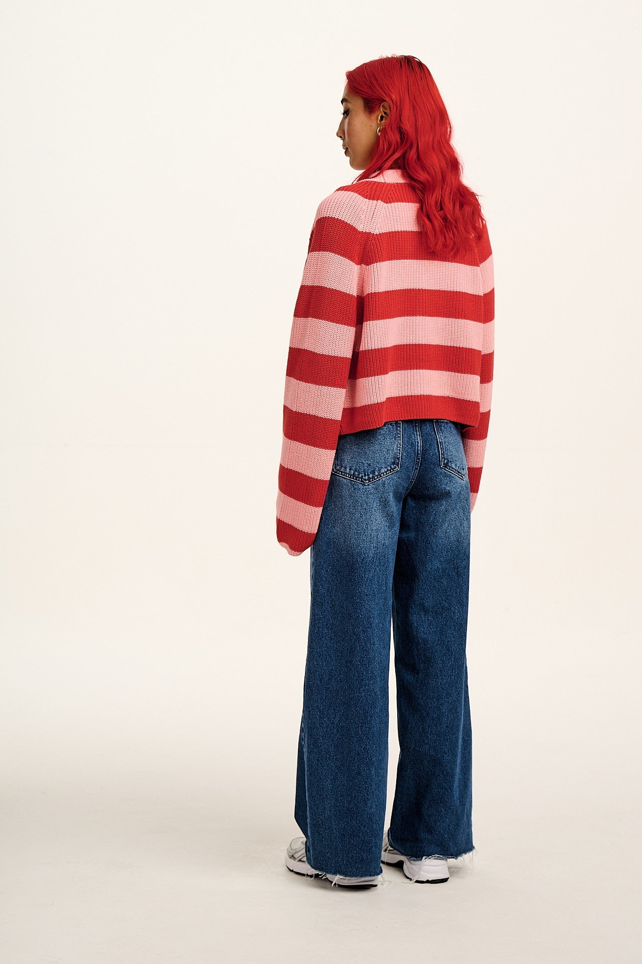 Robyn - V-Neck Cotton Cardigan in Pink & Red Stripe