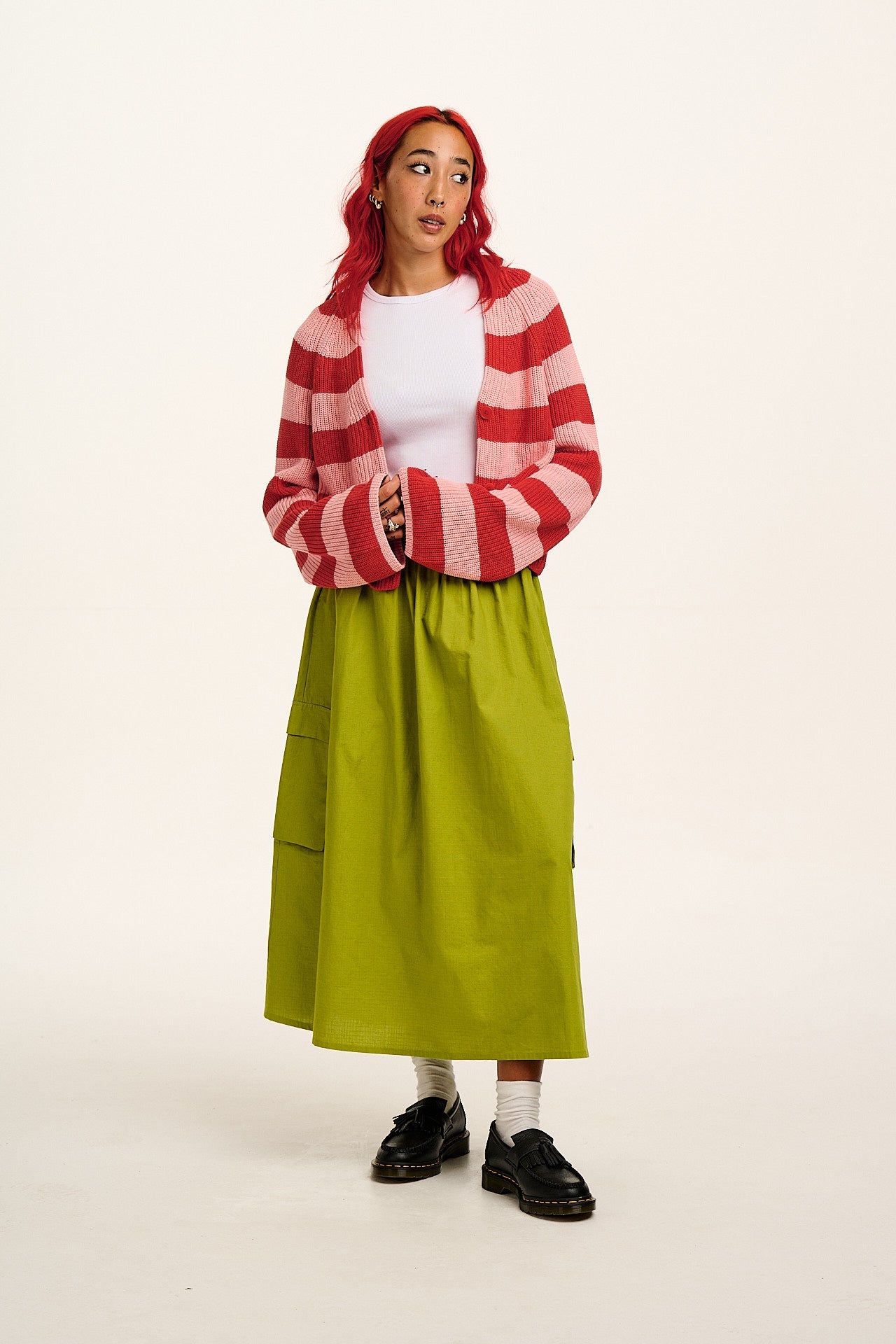 Robyn - V-Neck Cotton Cardigan in Pink & Red Stripe