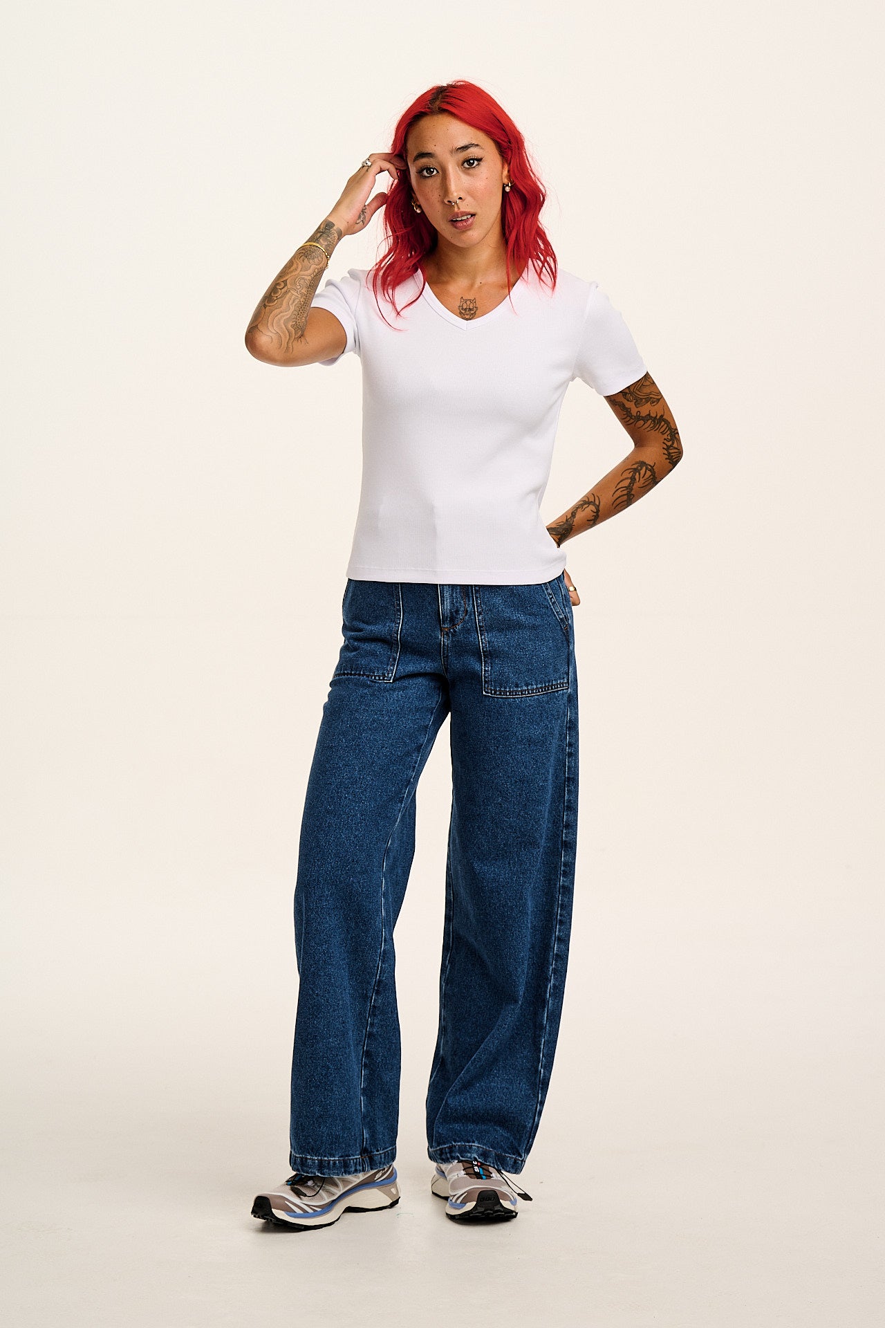 Ivy - Ribbed Cotton V Neck Tee in White