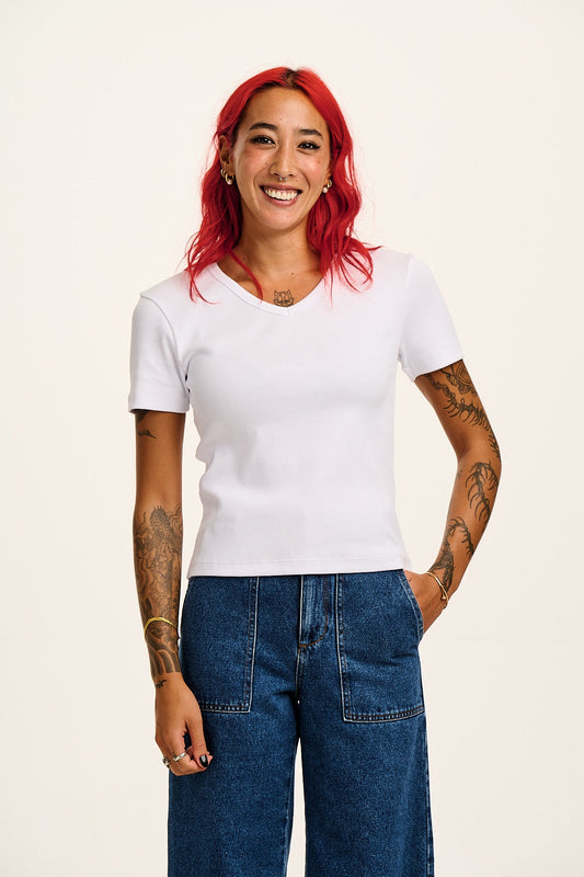 Ivy - Ribbed Cotton V Neck Tee in White