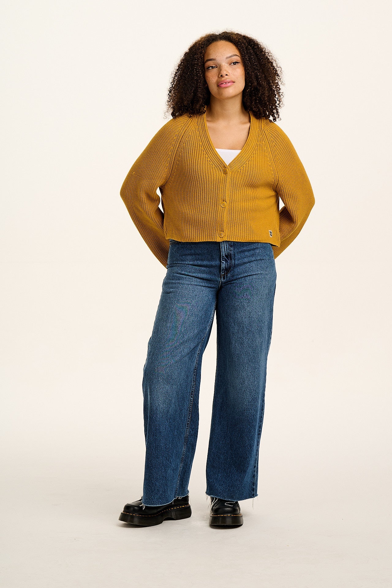 Robyn - V-Neck Cotton Cardigan in Mustard Yellow