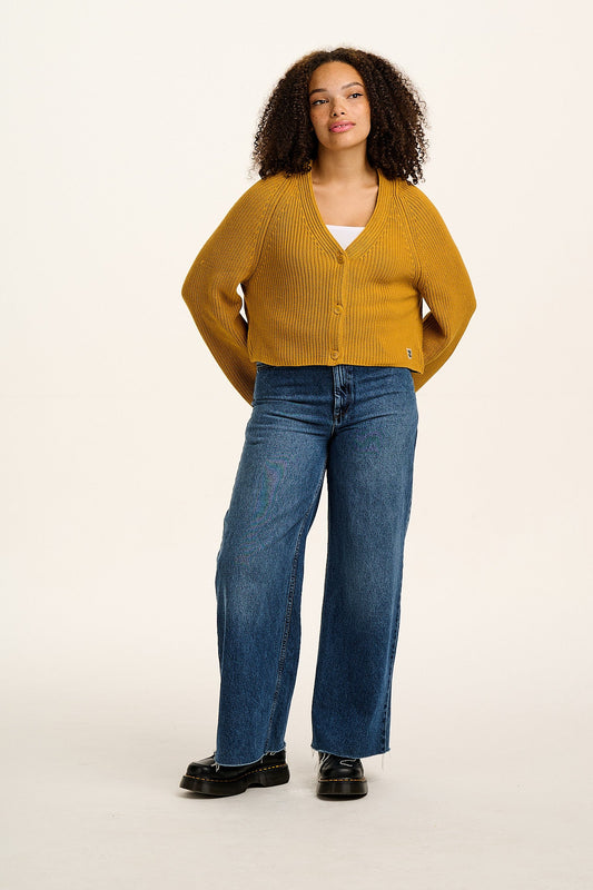 Robyn - V-Neck Cotton Cardigan in Mustard Yellow