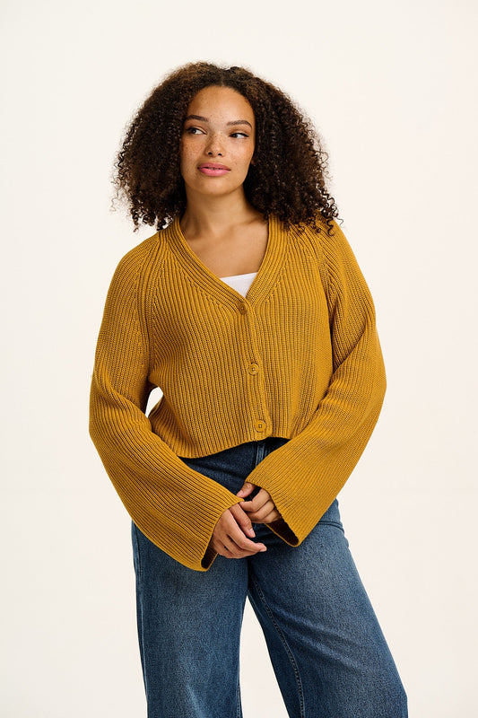 Robyn - V-Neck Cotton Cardigan in Mustard Yellow