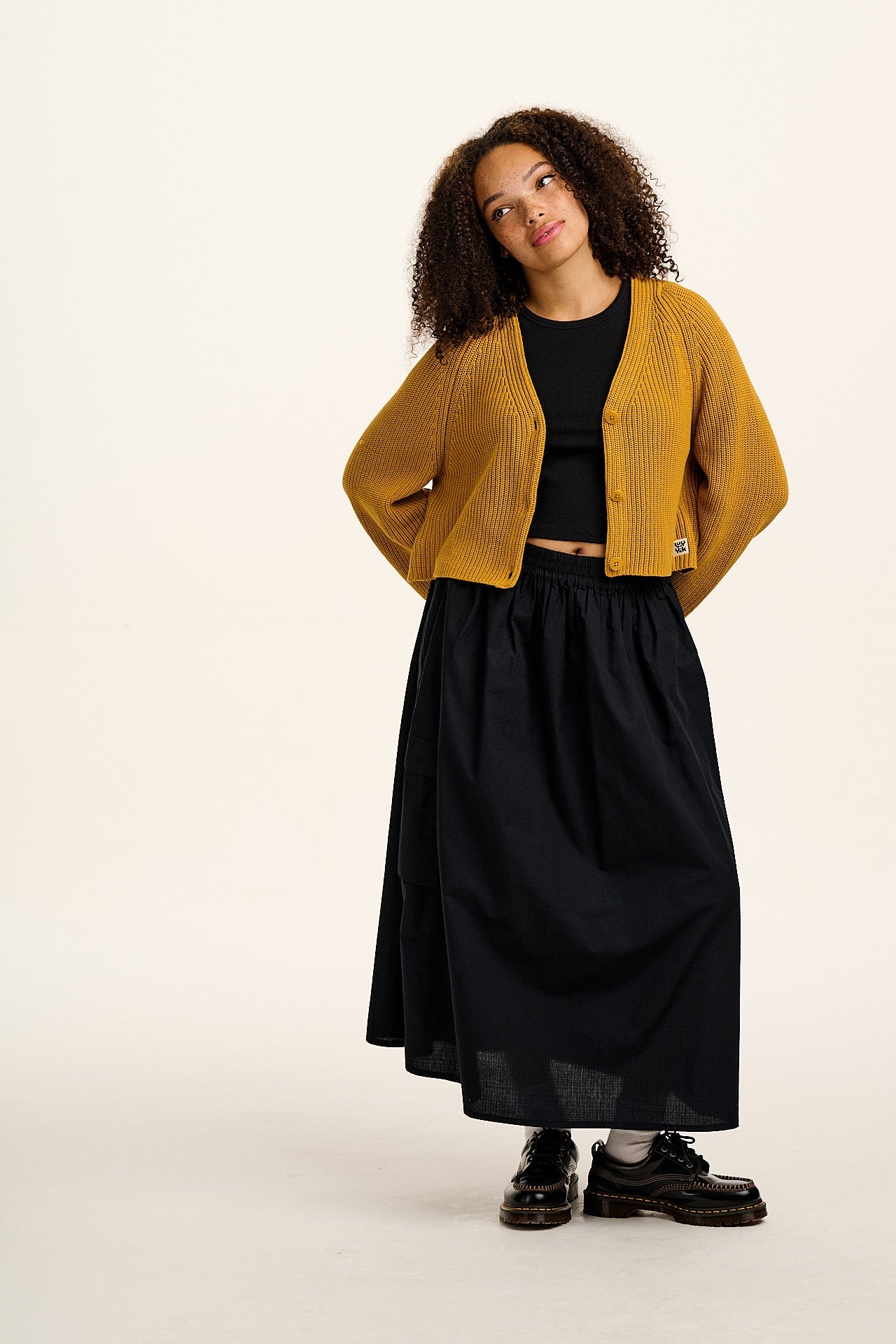 Robyn - V-Neck Cotton Cardigan in Mustard Yellow