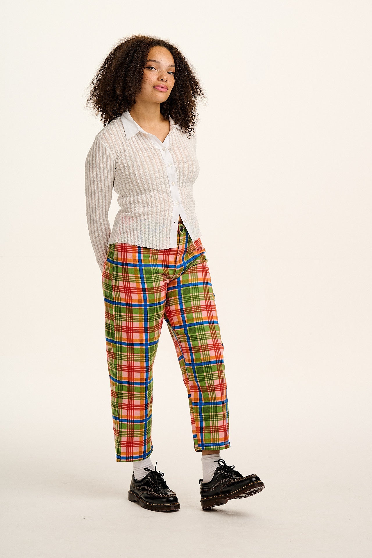 Drew - Cropped Straight Leg Cotton Trousers in Kitchen Check