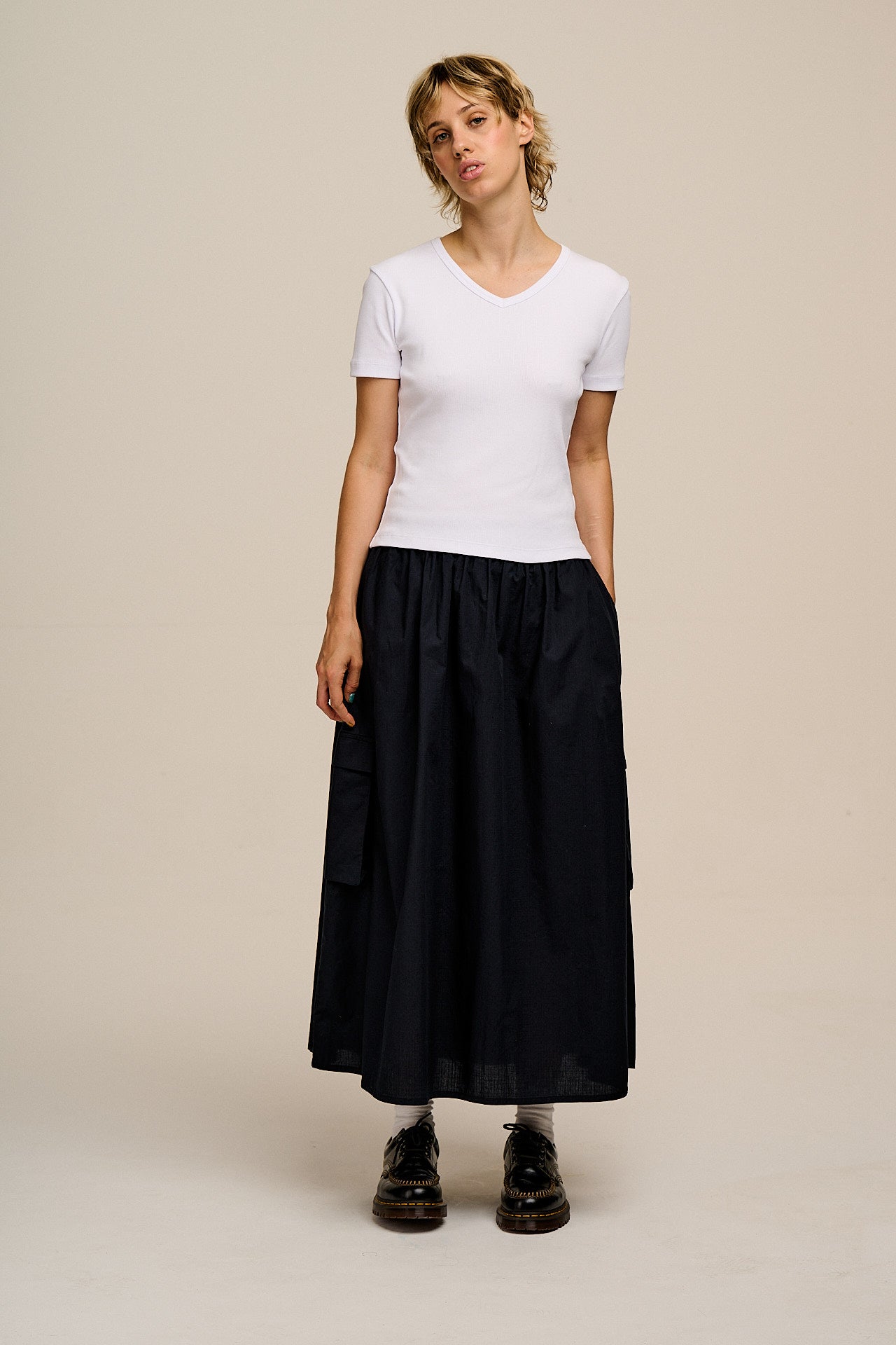 Ivy - Ribbed Cotton V Neck Tee in White