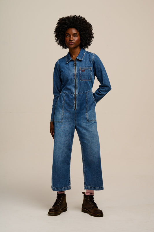 Tavira - Denim Long Sleeve Jumpsuit in Vintage Wash