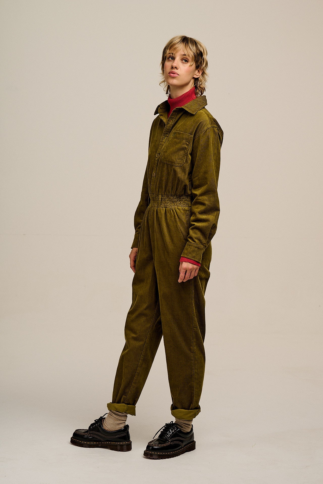 Eddie - Long Sleeve Corduroy Jumpsuit in Fir Green