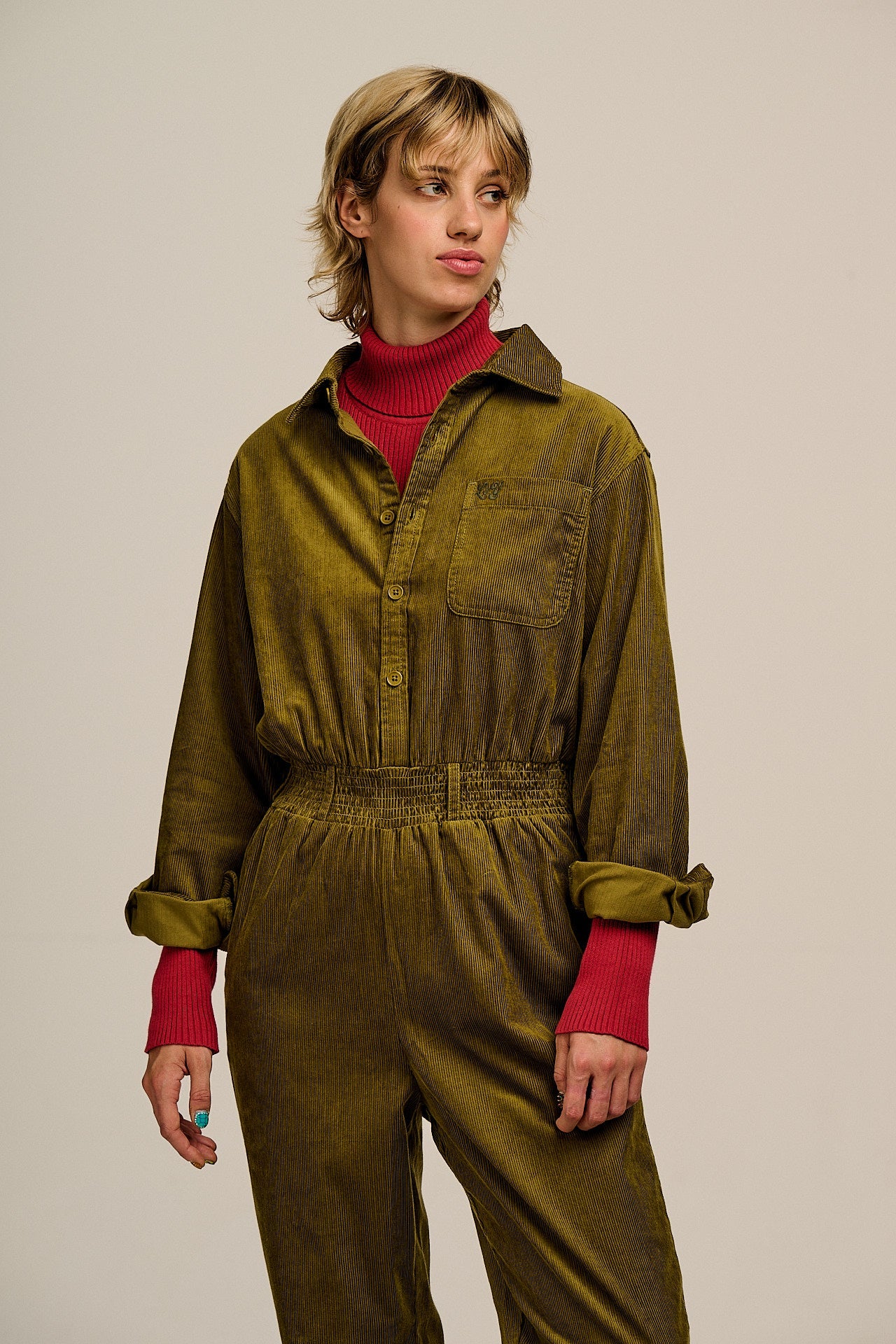 Eddie - Long Sleeve Corduroy Jumpsuit in Fir Green
