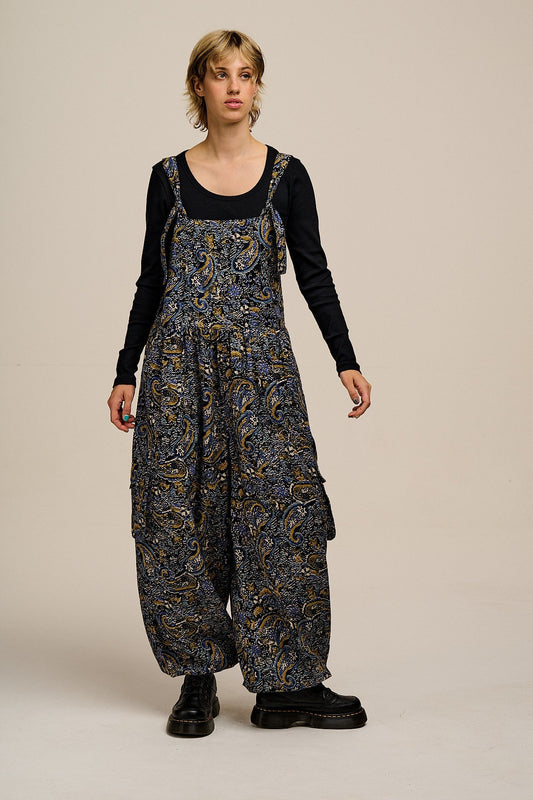 Miyada - Brushed Cotton Dungarees in Grunge Blue Paisley Print
