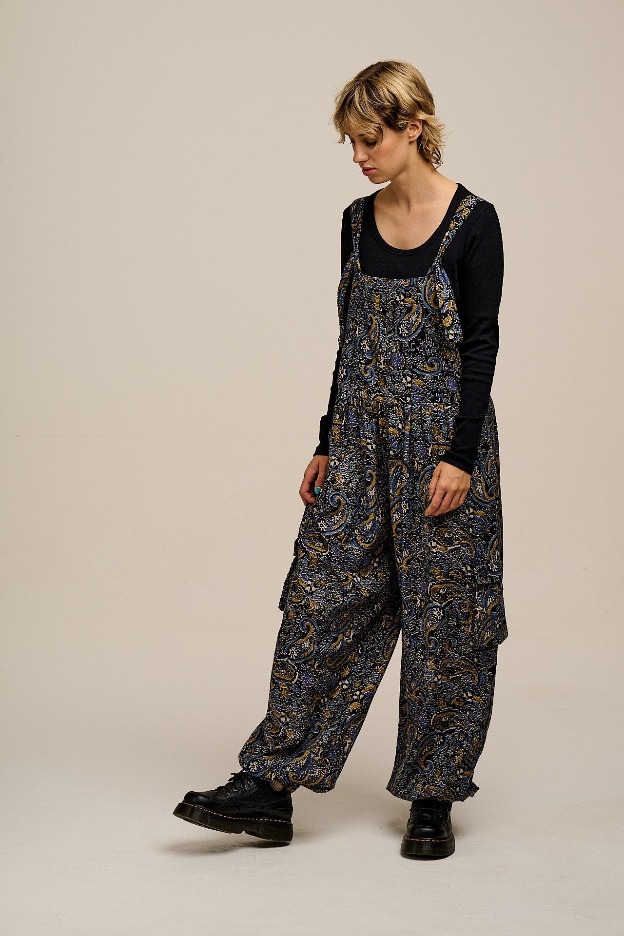Miyada - Brushed Cotton Dungarees in Grunge Blue Paisley Print
