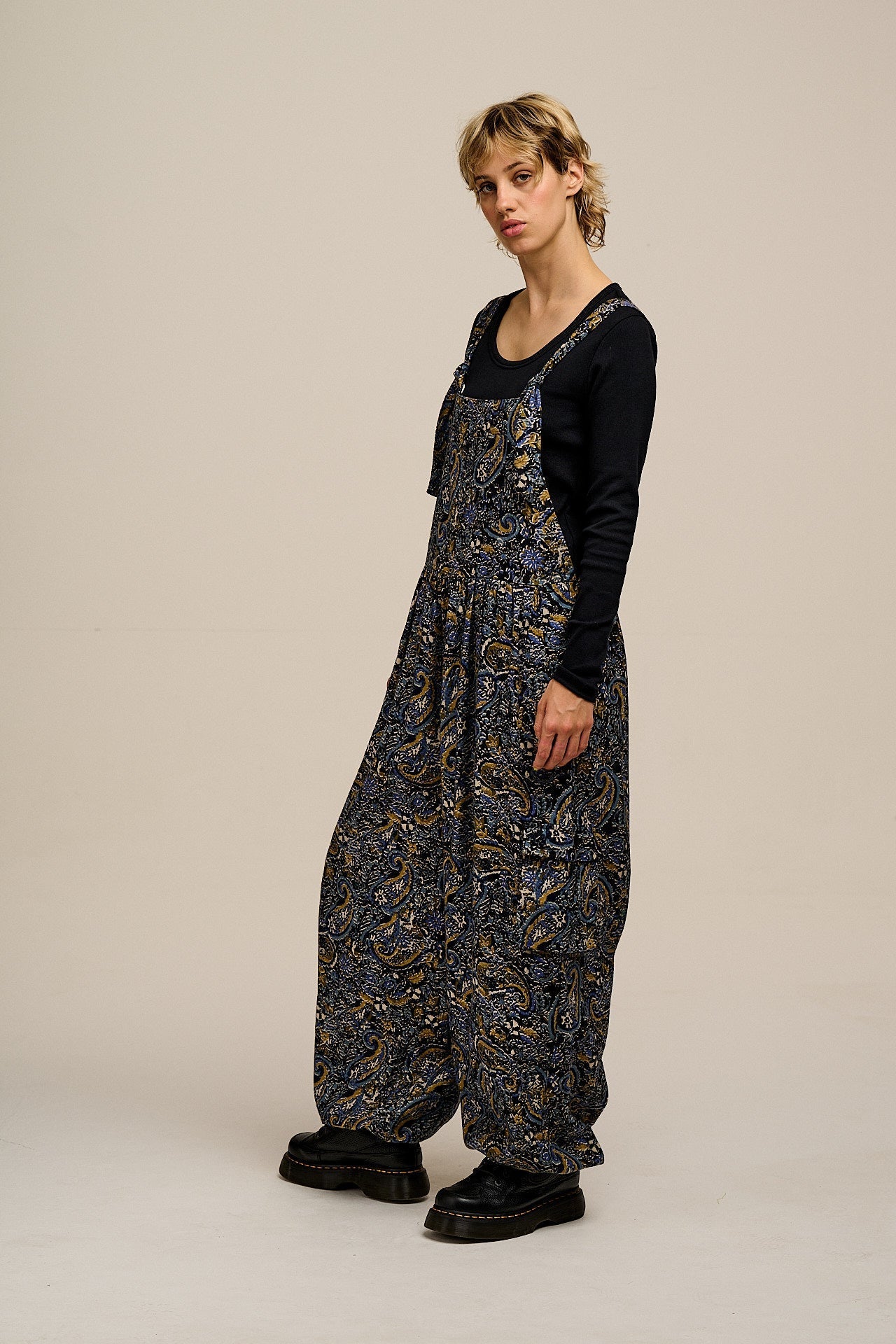 Miyada - Brushed Cotton Dungarees in Grunge Blue Paisley Print