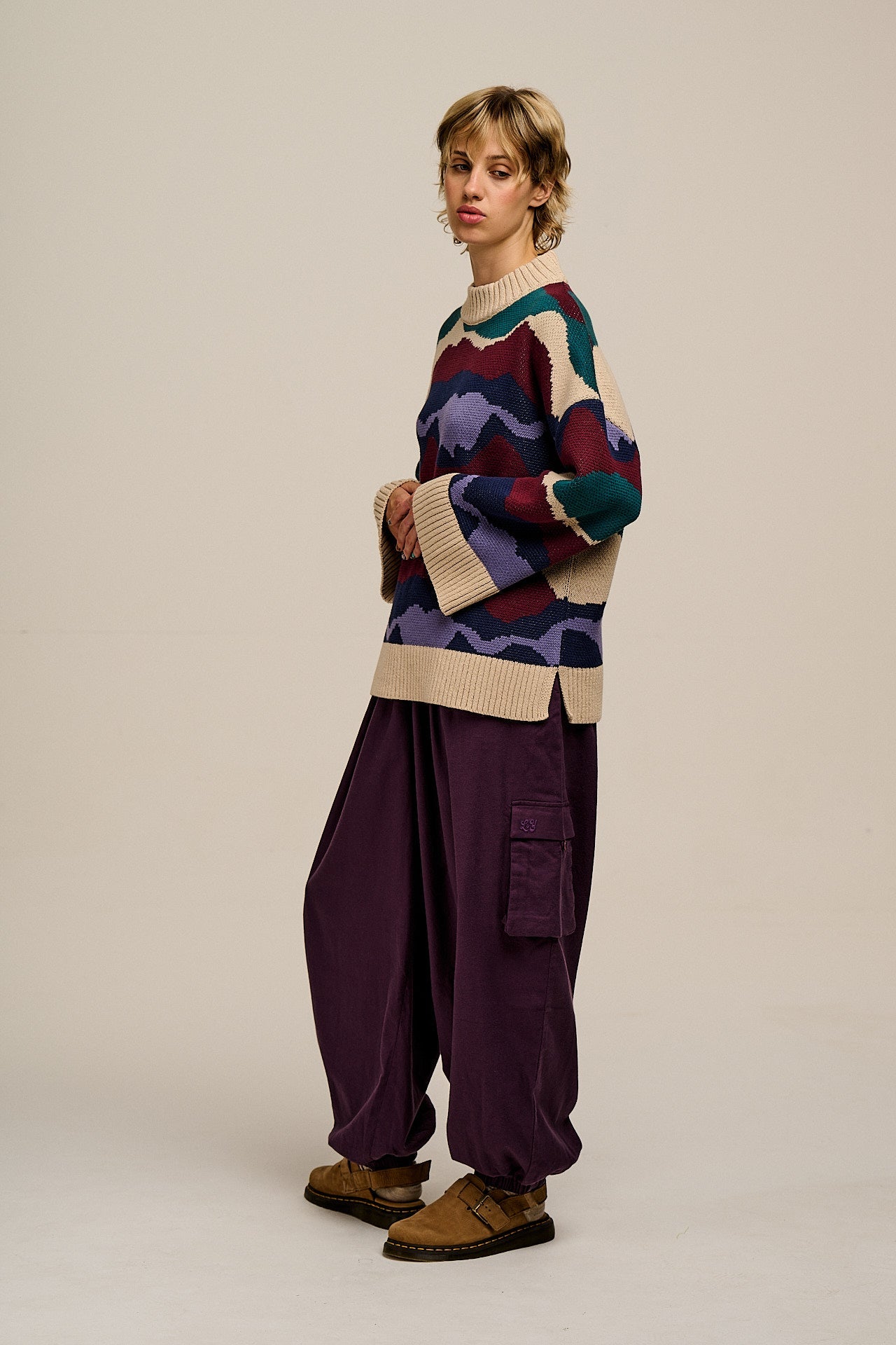 Rumi - Brushed Cotton Barrel Trousers in Plum Perfect