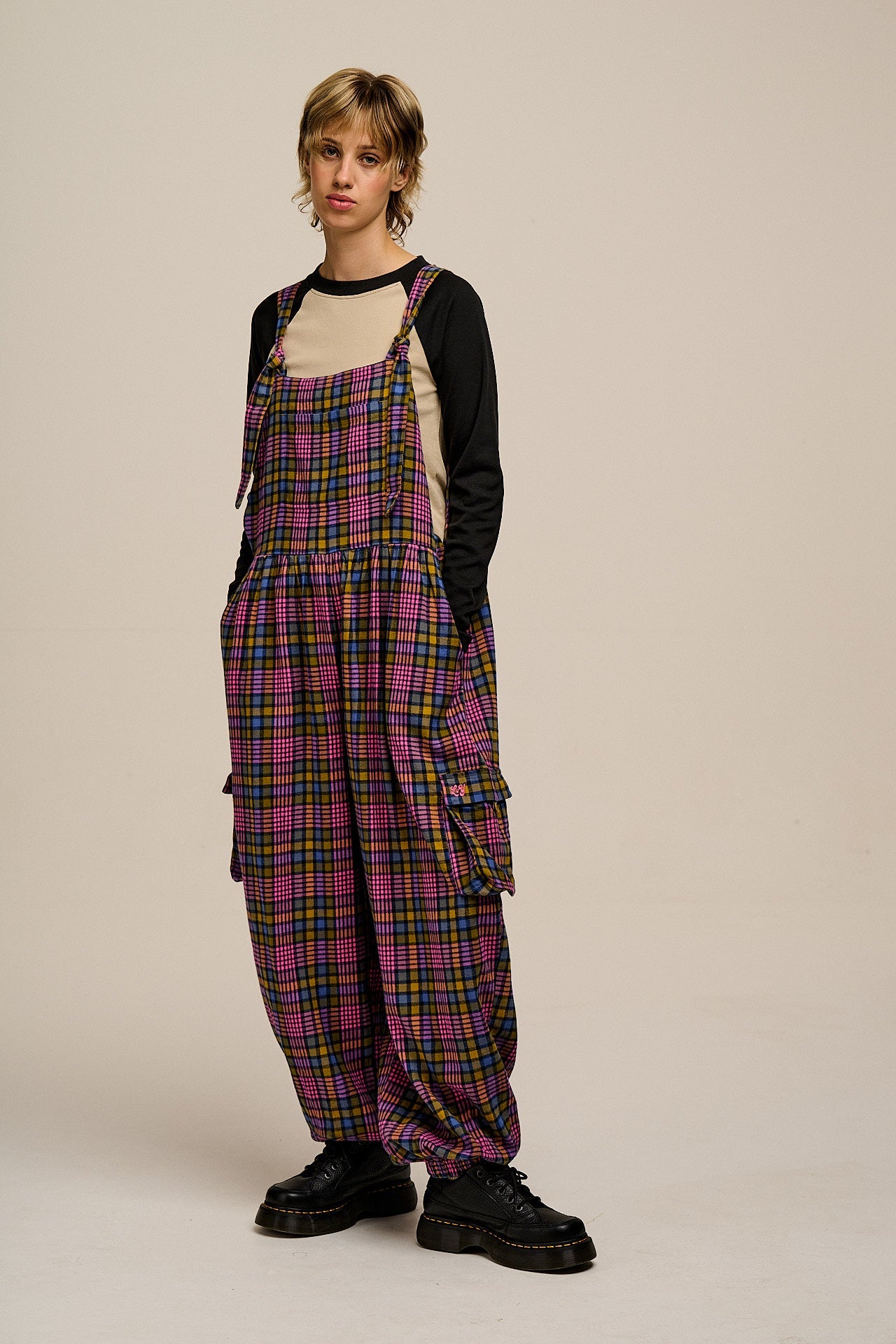 Miyada - Brushed Cotton Dungarees in Grunge Purple Check