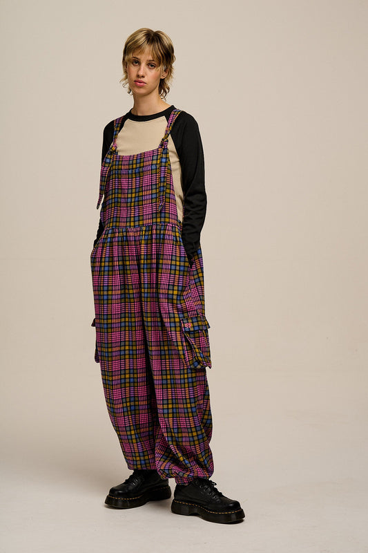 Miyada - Brushed Cotton Dungarees in Grunge Purple Check