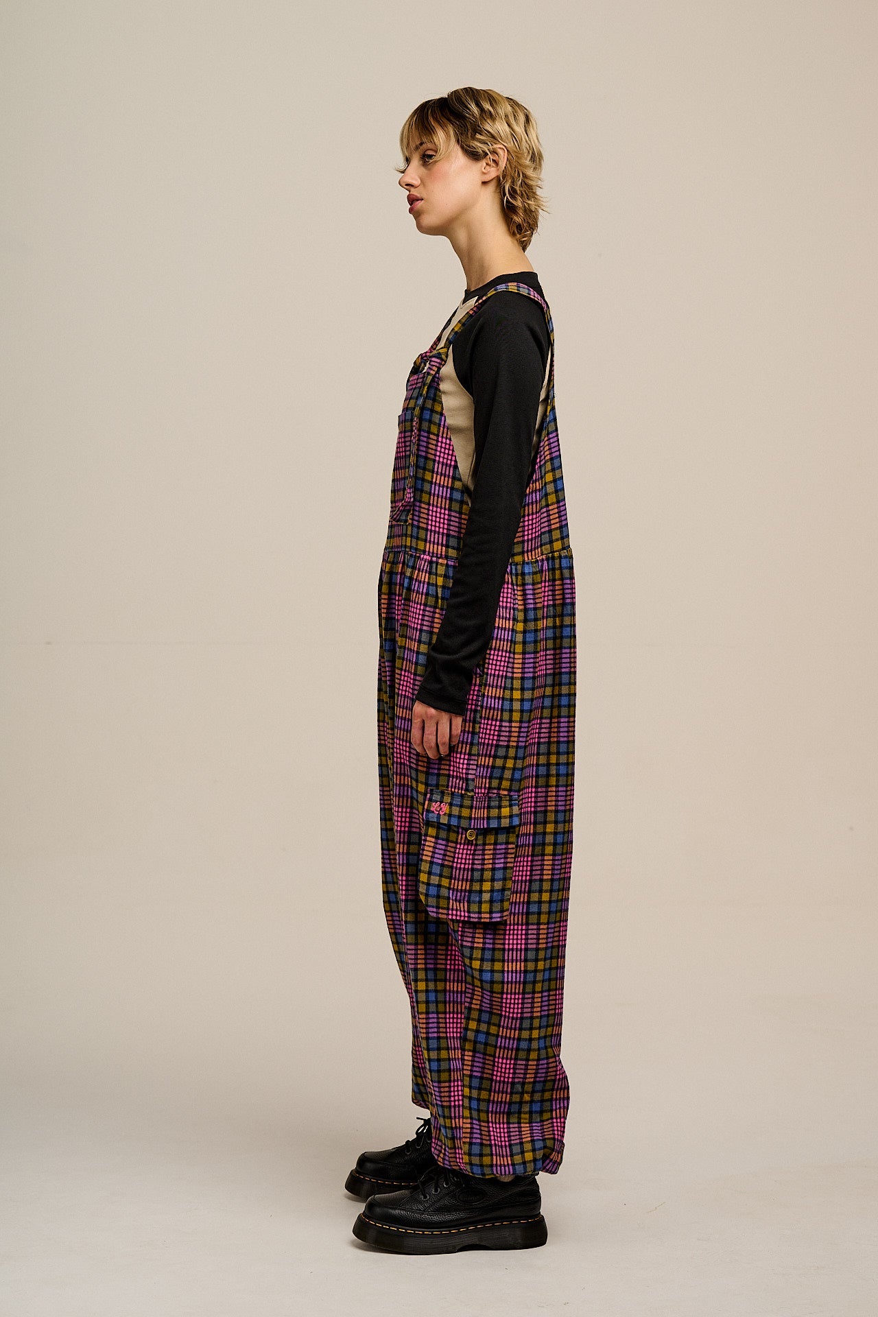 Miyada - Brushed Cotton Dungarees in Grunge Purple Check