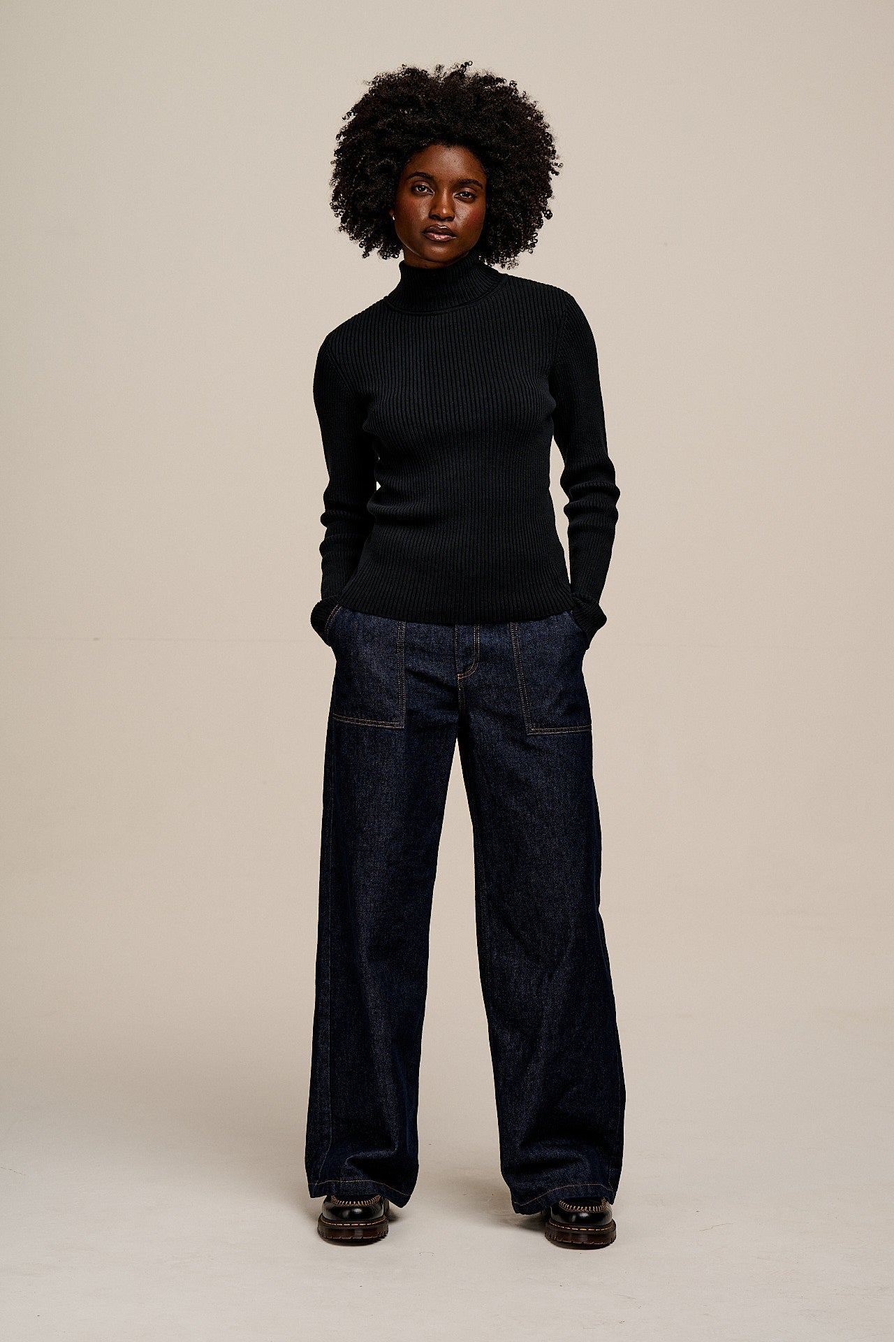 Eva - Knitted Roll Neck Long Sleeve Top in Black