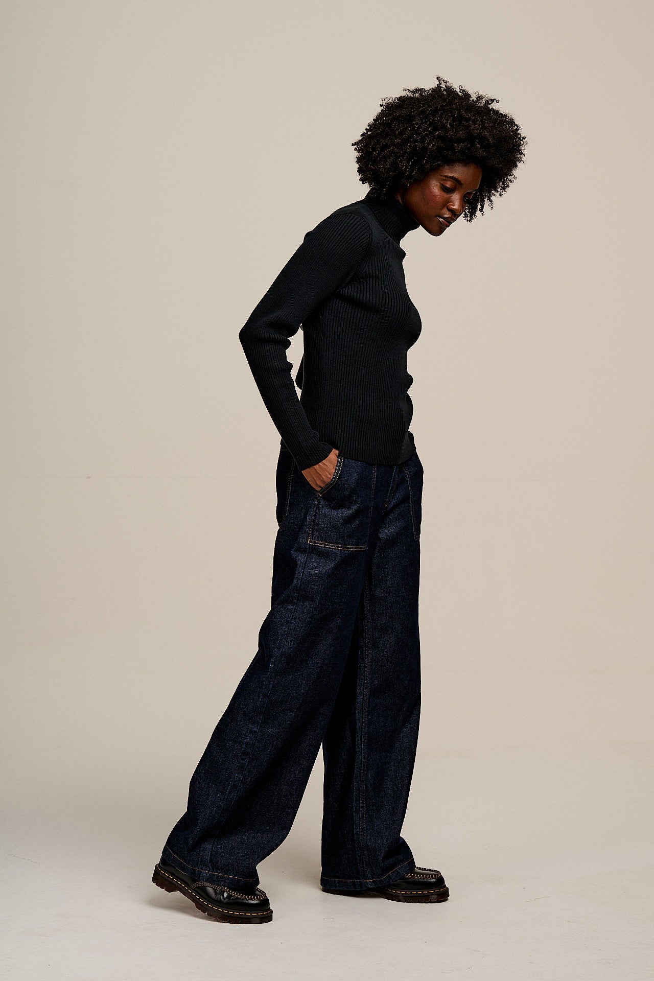 Eva - Knitted Roll Neck Long Sleeve Top in Black