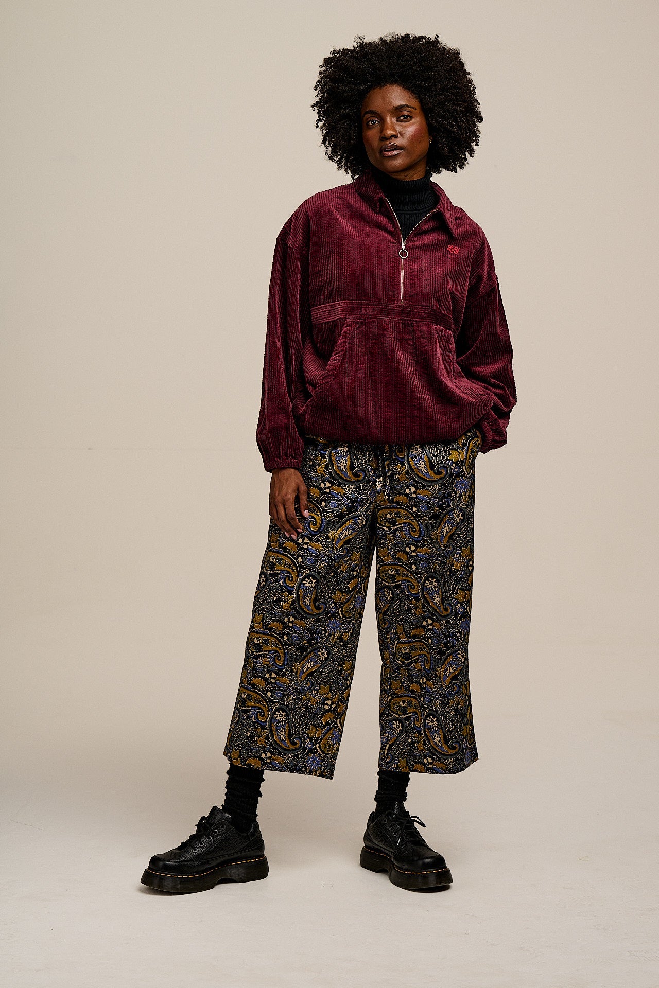 Chuck - Wide Leg Cotton Trousers in Grunge Blue Paisley Print