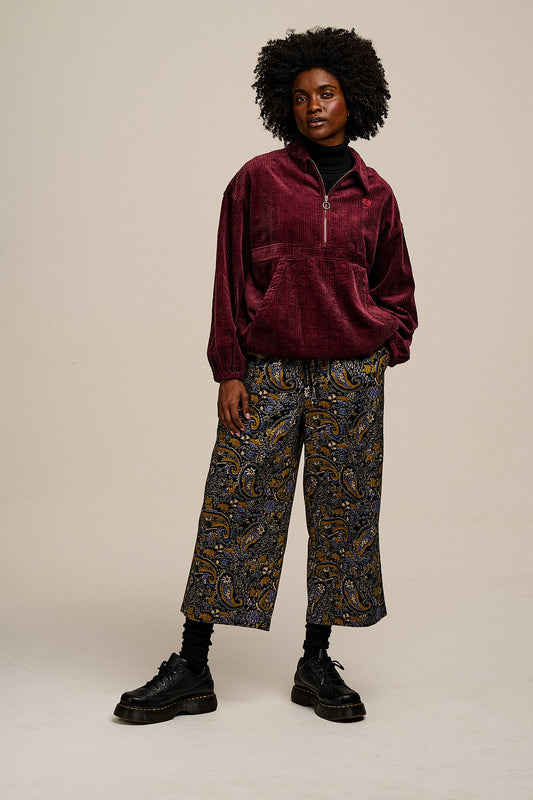 Chuck - Wide Leg Cotton Trousers in Grunge Blue Paisley Print