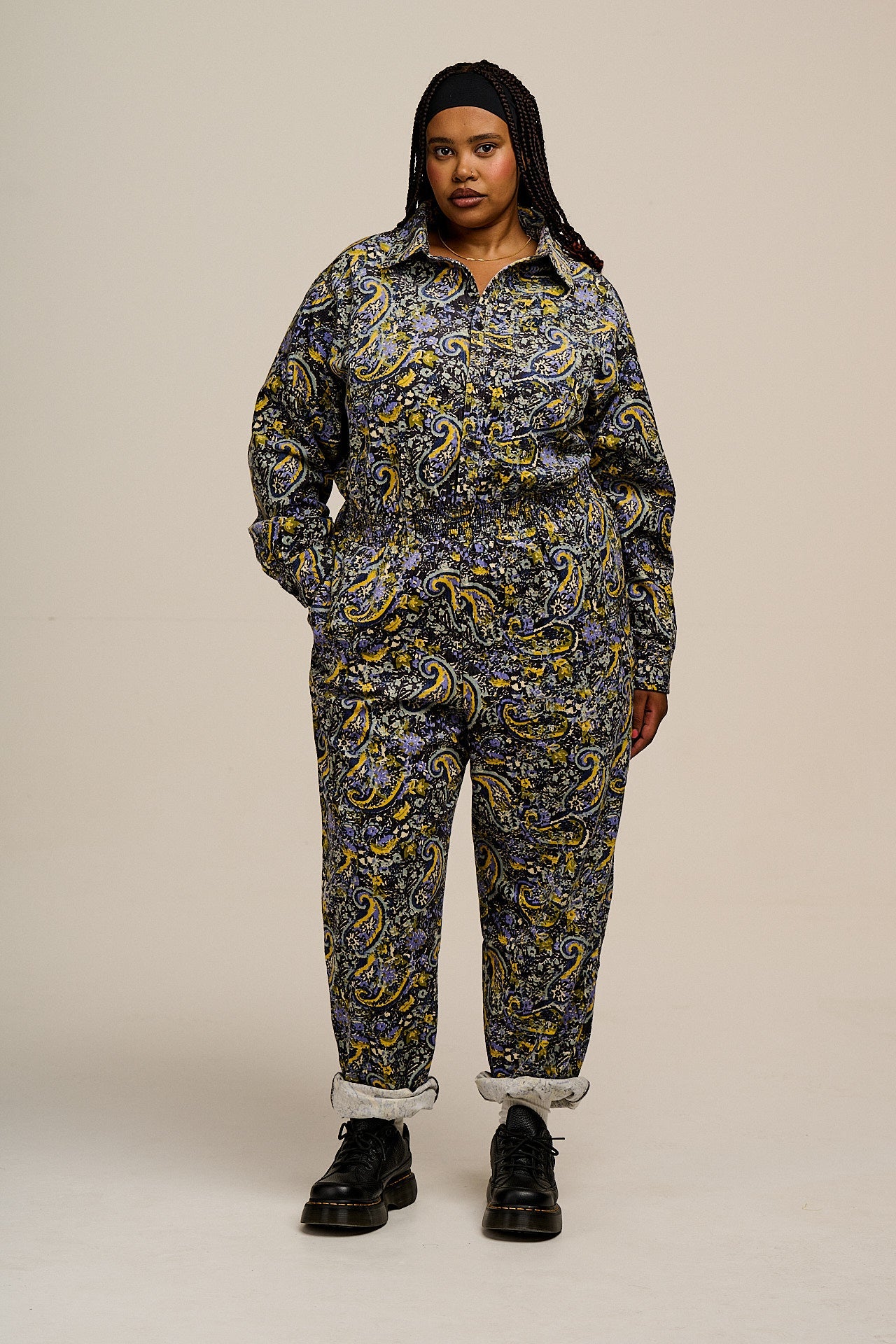 Eddie - Long Sleeve Corduroy Jumpsuit in Grunge Paisley Print