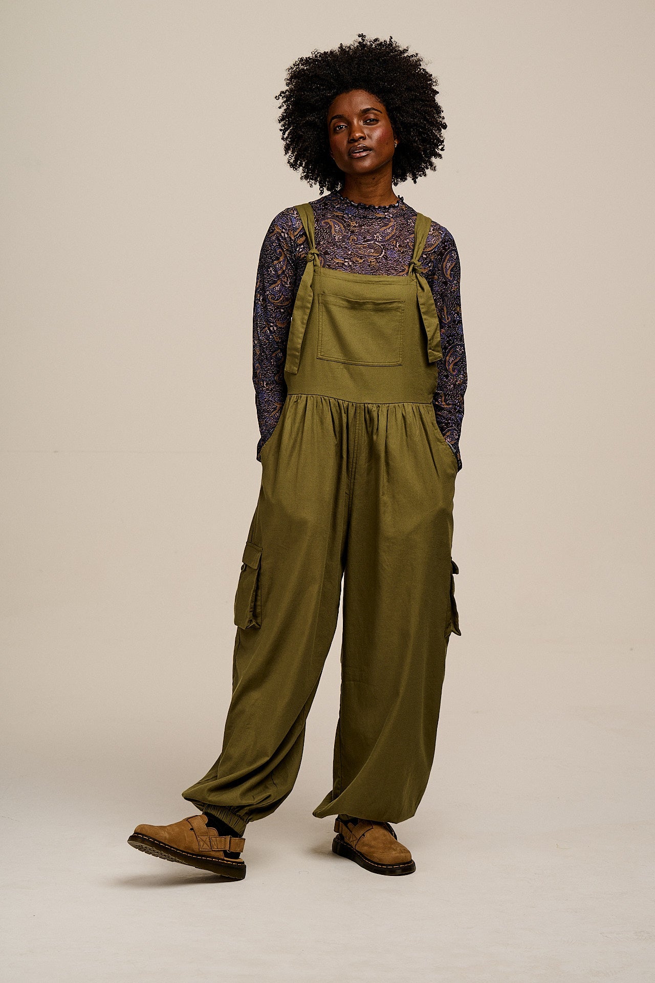 Miyada - Brushed Cotton Dungarees in Khaki Green